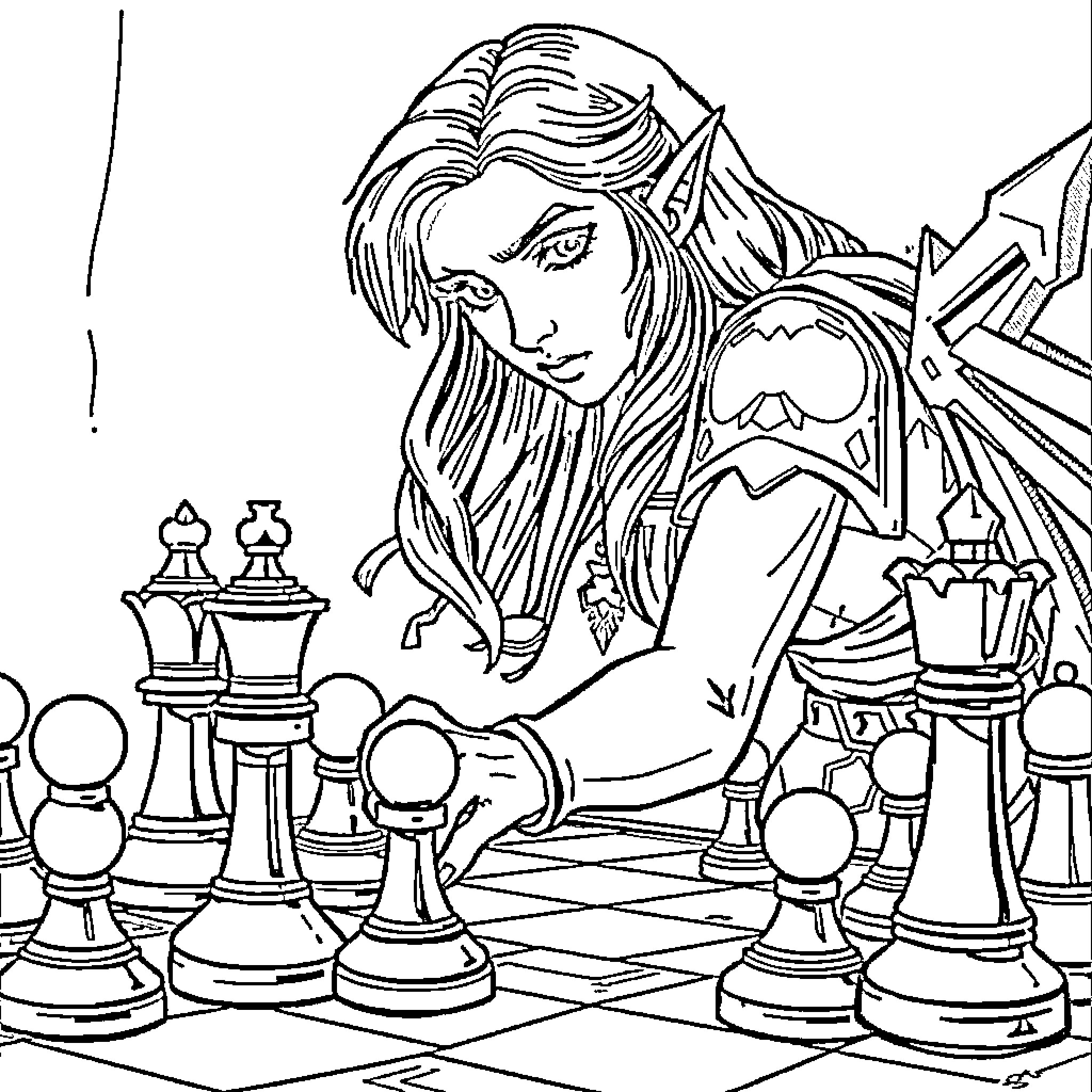 Zelda playing chess with fantasy chess pieces Coloring Page (free black-and-white line drawing printable PDF for all, from beginners to advanced learners, including children, teens, adults, and seniors)