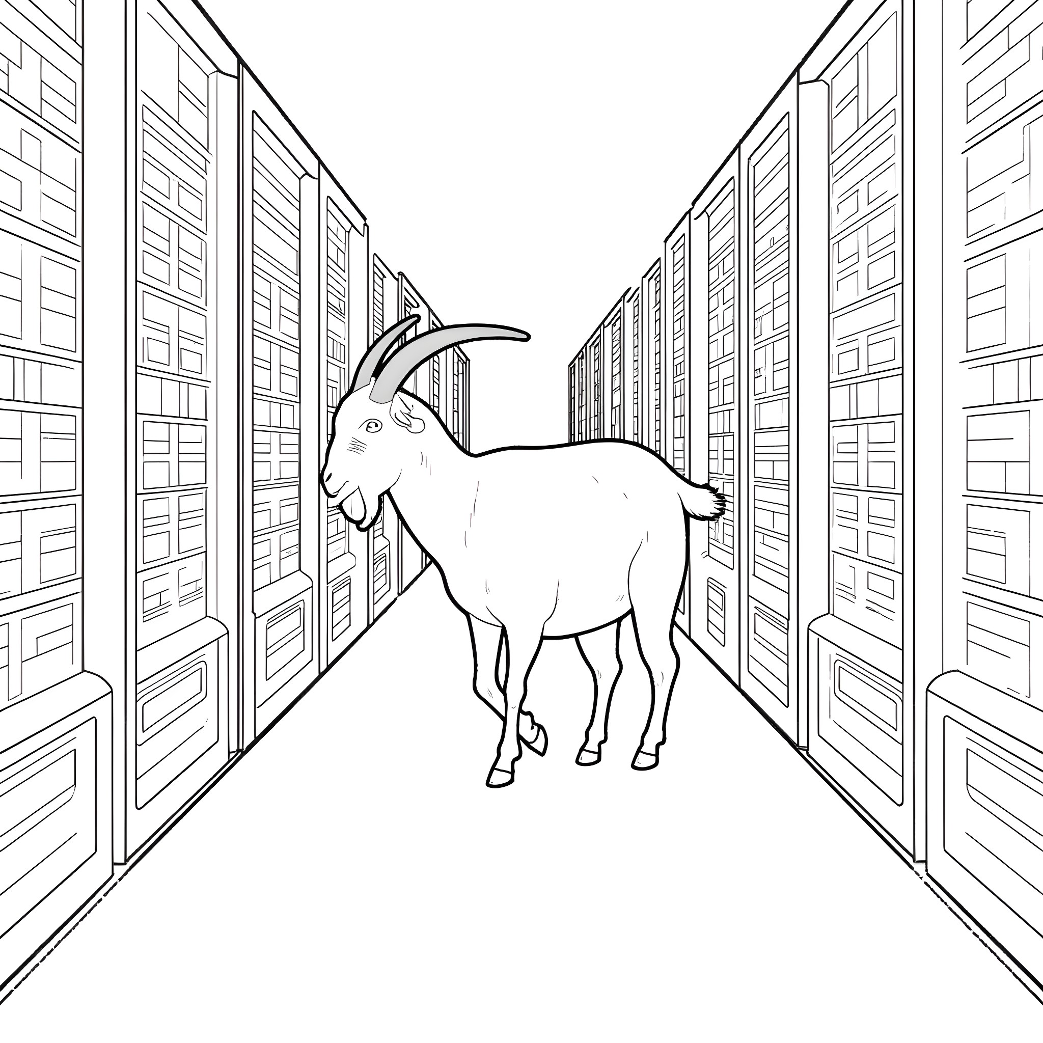 Goat exploring the library hallway Coloring Page (free black-and-white line drawing printable PDF for all, from beginners to advanced learners, including children, teens, adults, and seniors)