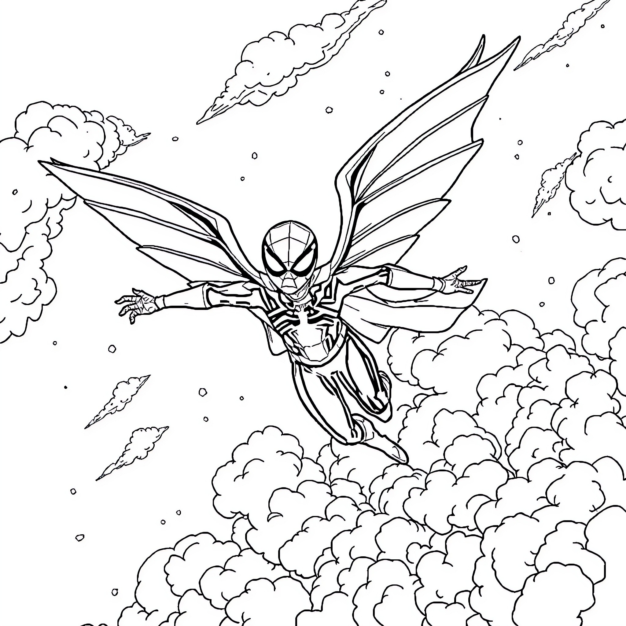 Spider-themed superhero soaring through the clouds Coloring Page (free black-and-white line drawing printable PDF for all, from beginners to advanced learners, including children, teens, adults, and seniors)
