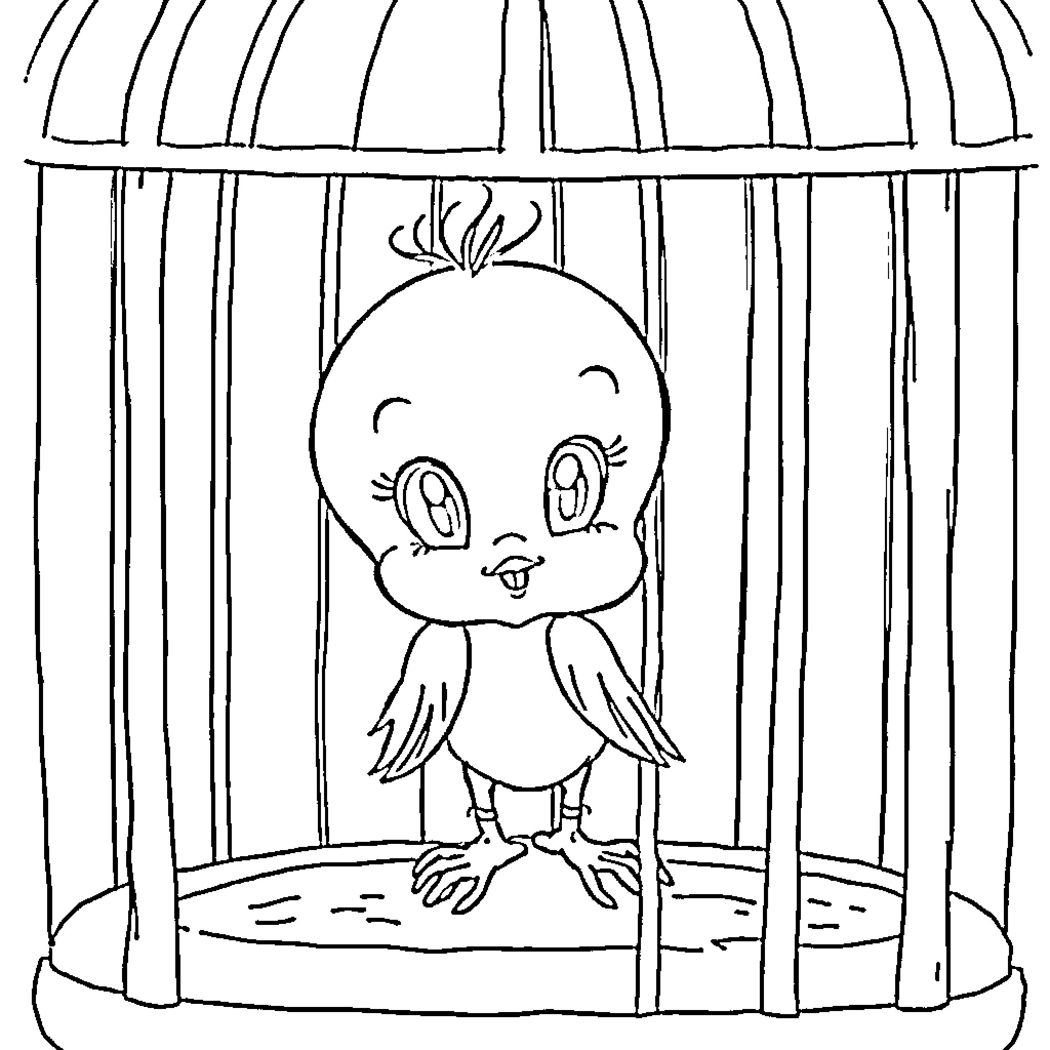 Tweety in a Birdcage Coloring Page (free black-and-white line drawing printable PDF for all, from beginners to advanced learners, including children, teens, adults, and seniors)