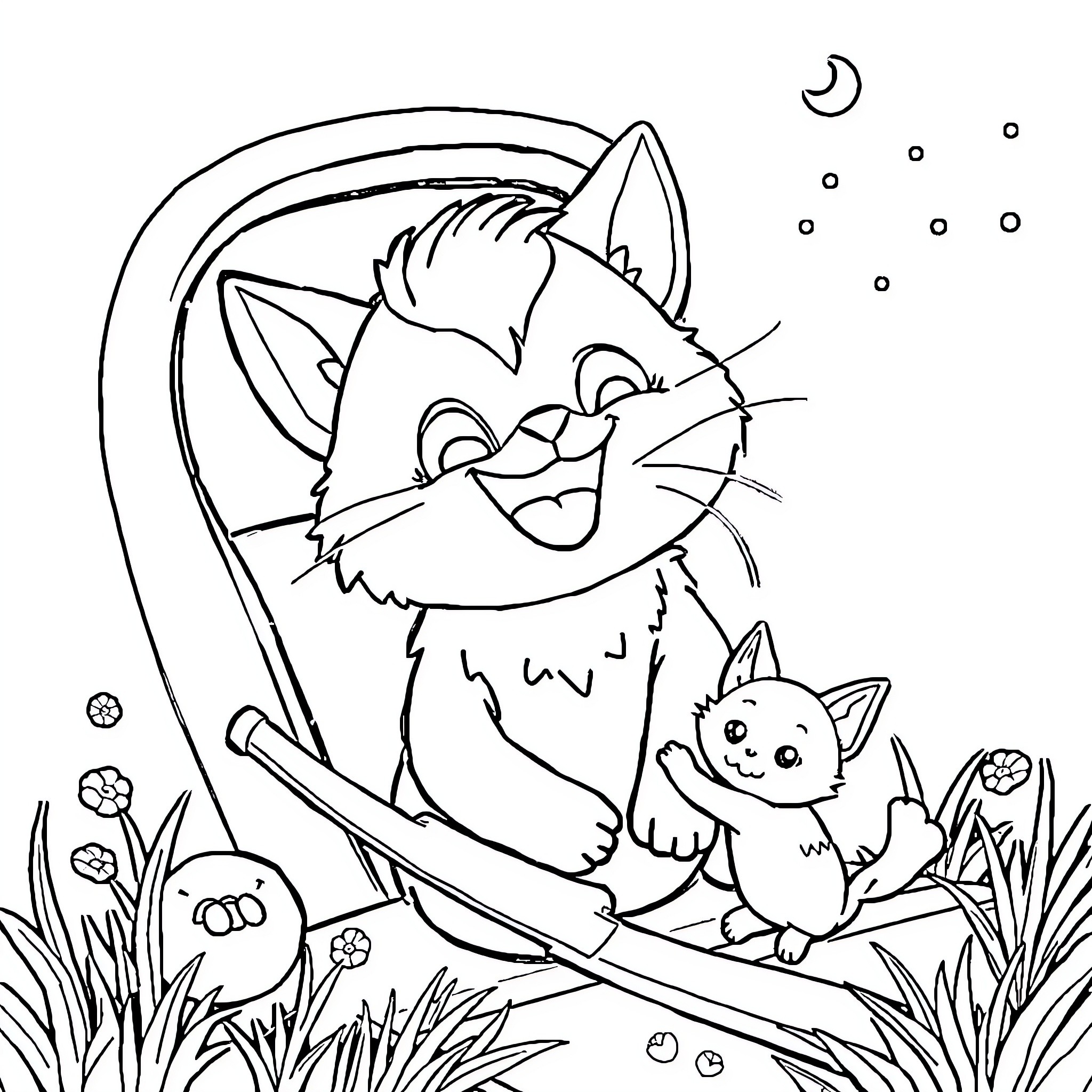 Labubu's Joyful Night in the Meadow Coloring Page (free black-and-white line drawing printable PDF for all, from beginners to advanced learners, including children, teens, adults, and seniors)