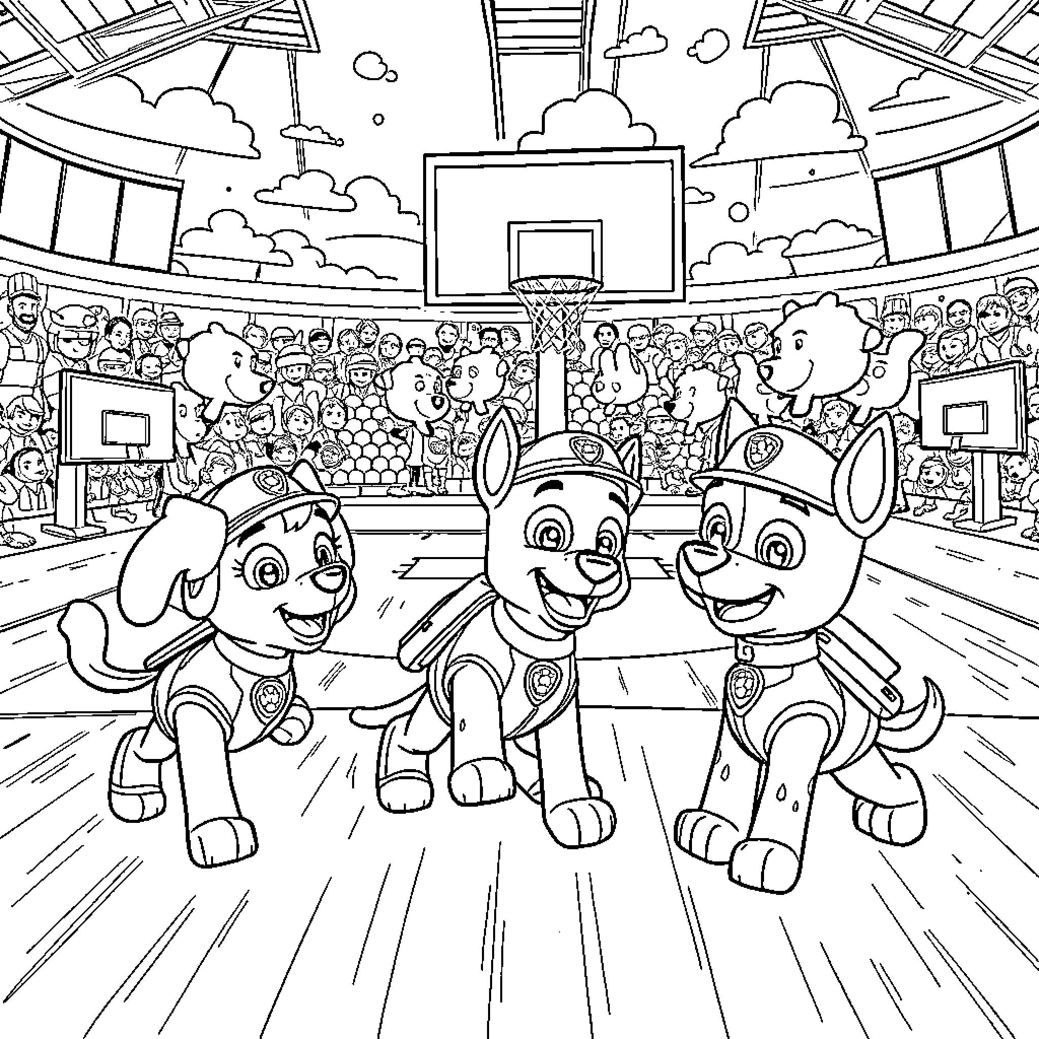 Basketball players on the court with cheering crowd Coloring Page (free black-and-white line drawing printable PDF for all, from beginners to advanced learners, including children, teens, adults, and seniors)