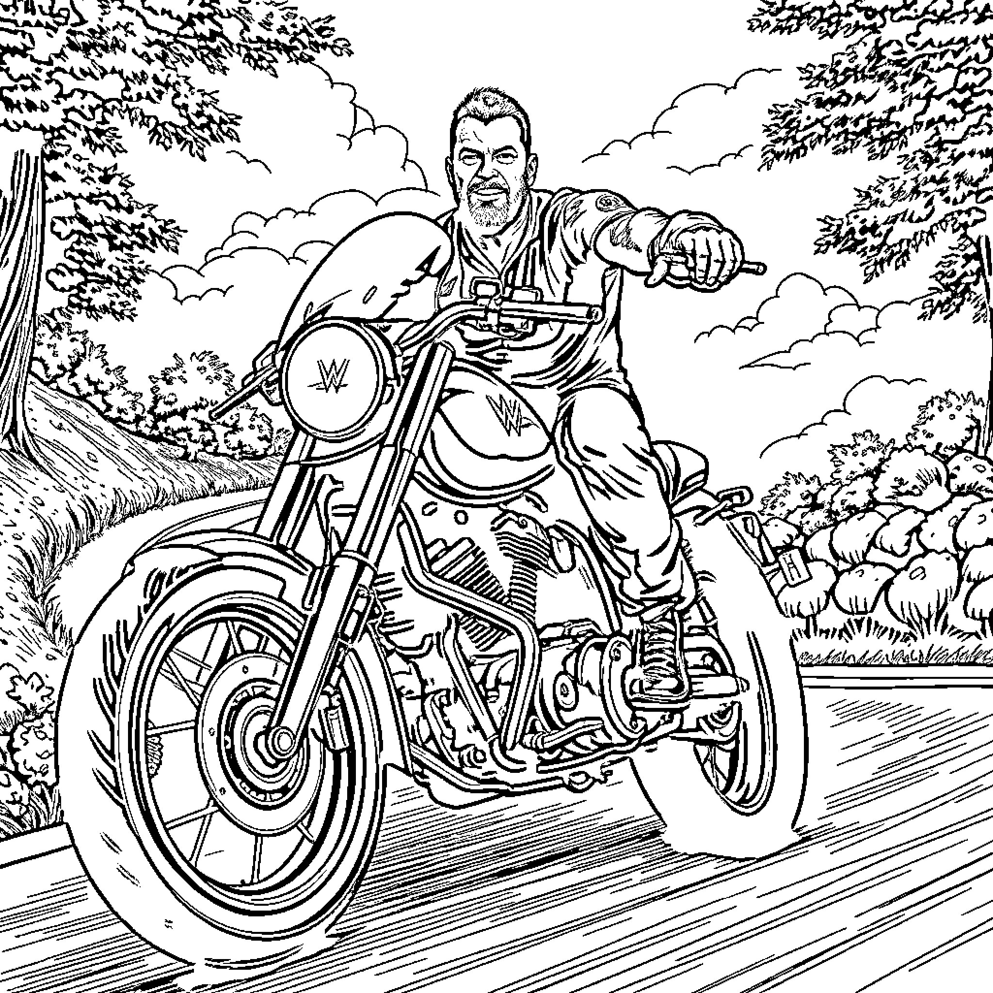 Randy Orton riding a motorcycle in the forest Coloring Page (free black-and-white line drawing printable PDF for all, from beginners to advanced learners, including children, teens, adults, and seniors)