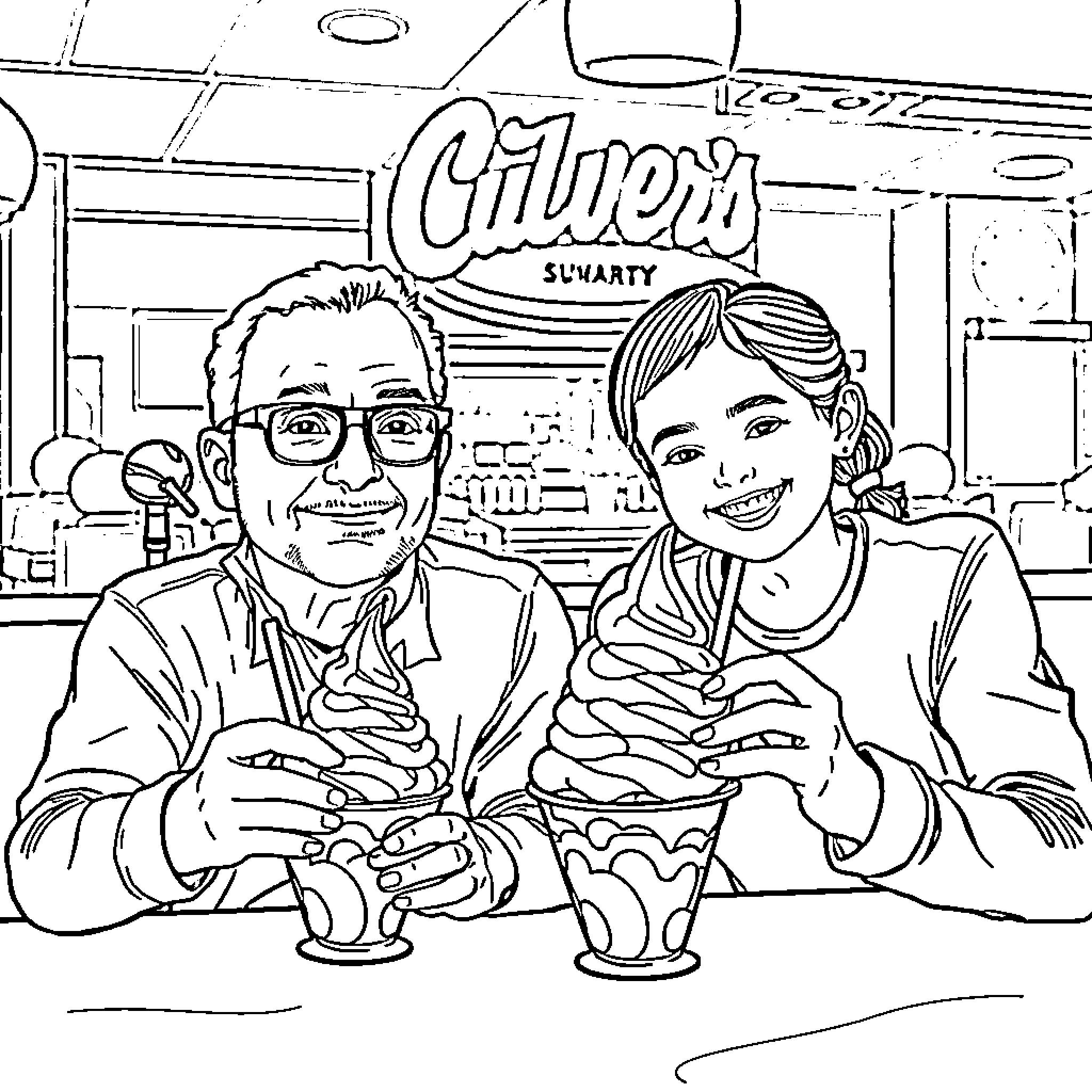 Man and Woman Enjoying Milkshakes at Diner Coloring Page (free black-and-white line drawing printable PDF for all, from beginners to advanced learners, including children, teens, adults, and seniors)