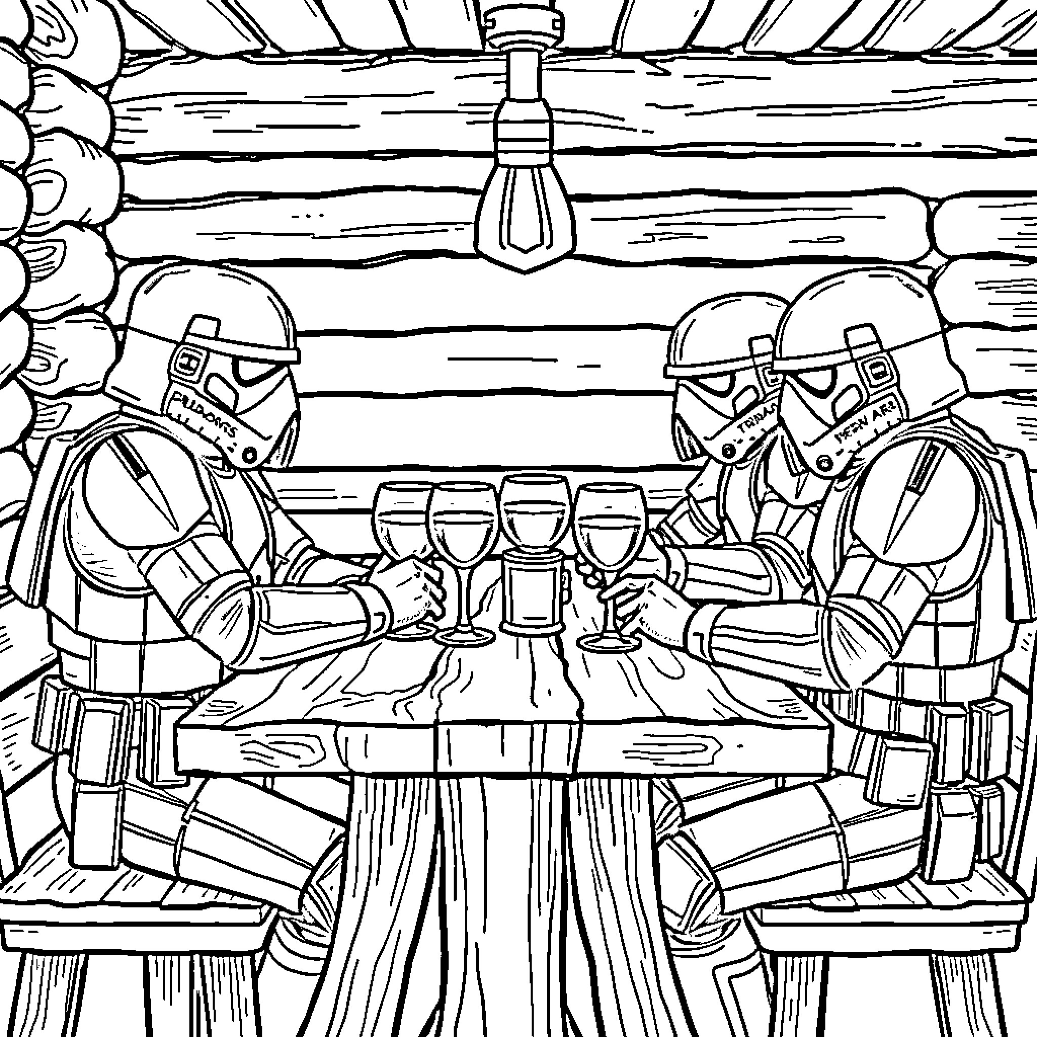 Troopers enjoying camaraderie over drinks in a cabin Coloring Page (free black-and-white line drawing printable PDF for all, from beginners to advanced learners, including children, teens, adults, and seniors)