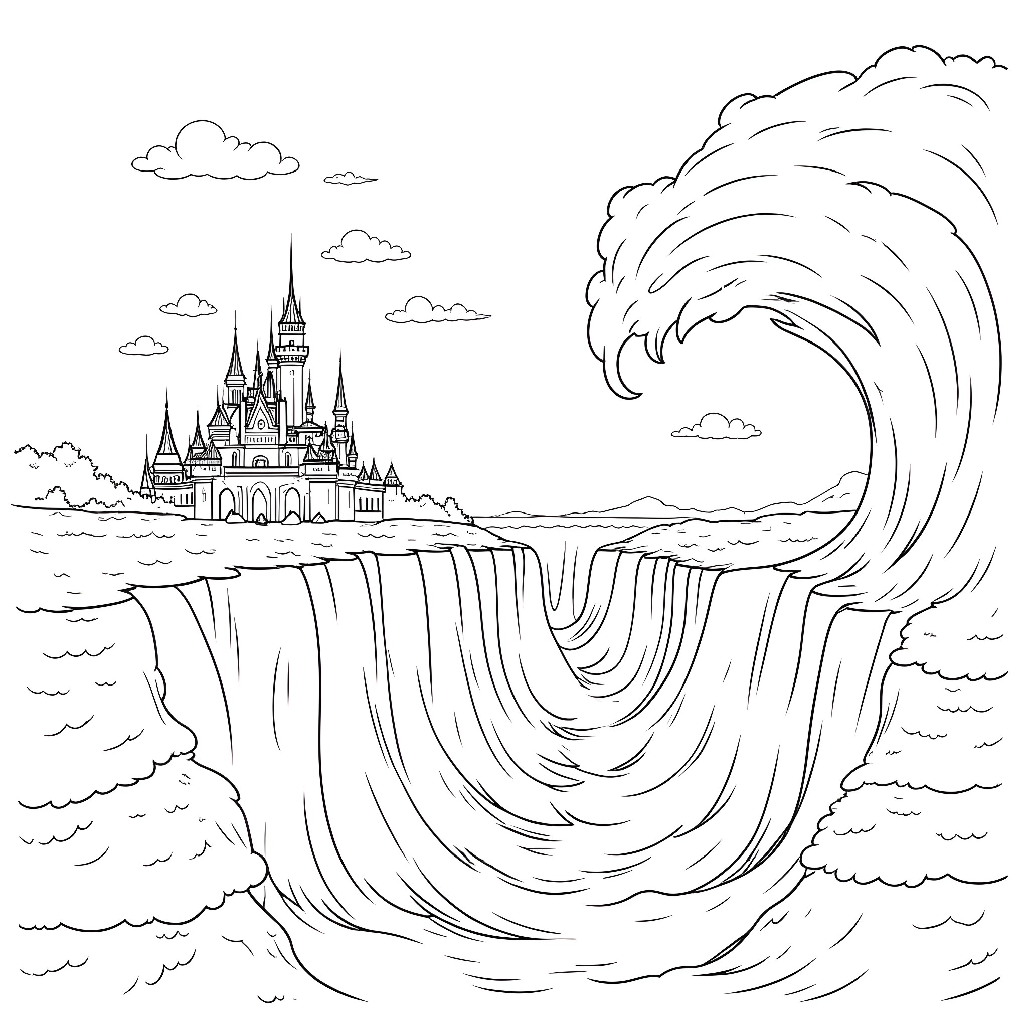 Disneyland castle amidst towering waves and cloudy skies Coloring Page (free black-and-white line drawing printable PDF for all, from beginners to advanced learners, including children, teens, adults, and seniors)