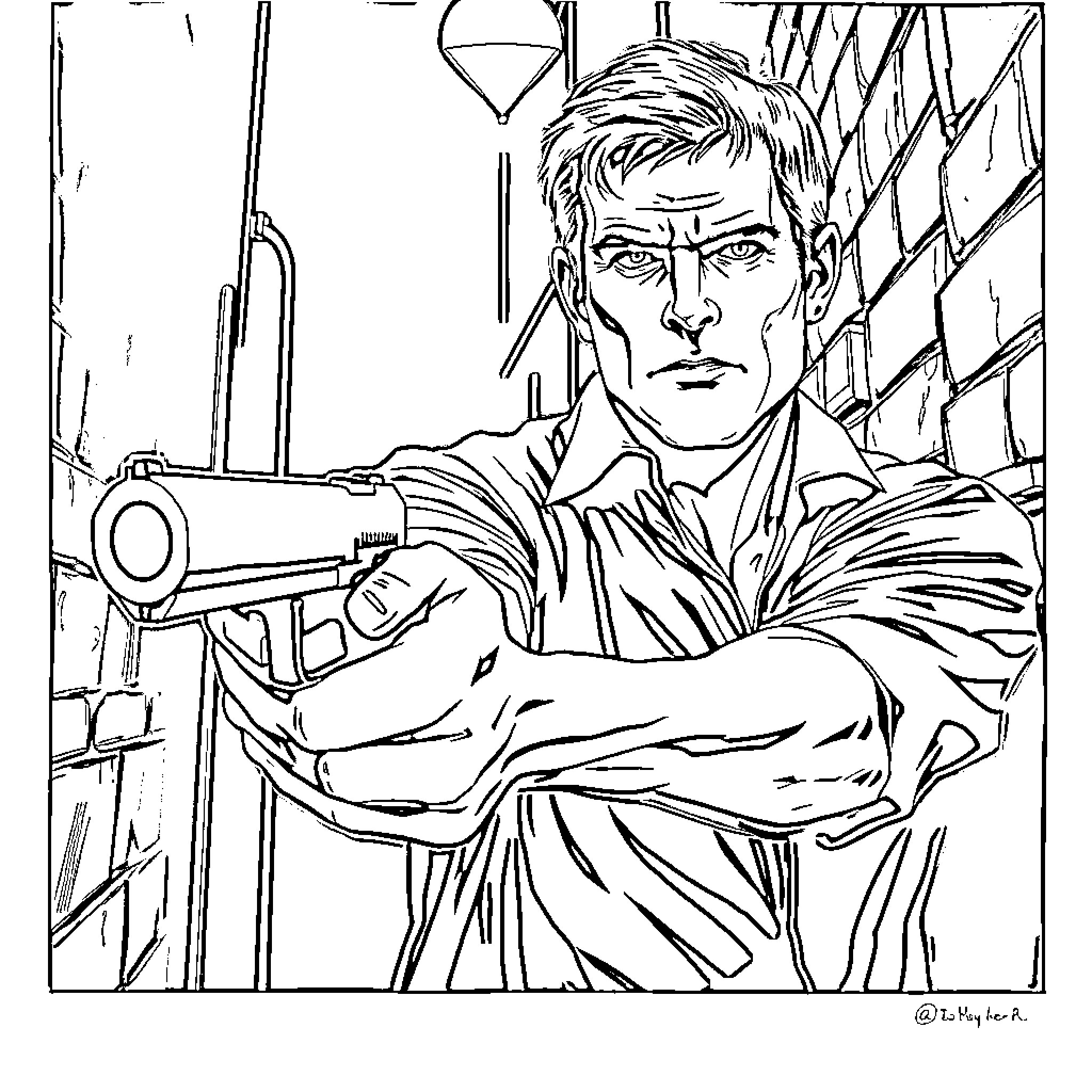 Dexter Morgan in action against the backdrop of darkness Coloring Page (free black-and-white line drawing printable PDF for all, from beginners to advanced learners, including children, teens, adults, and seniors)