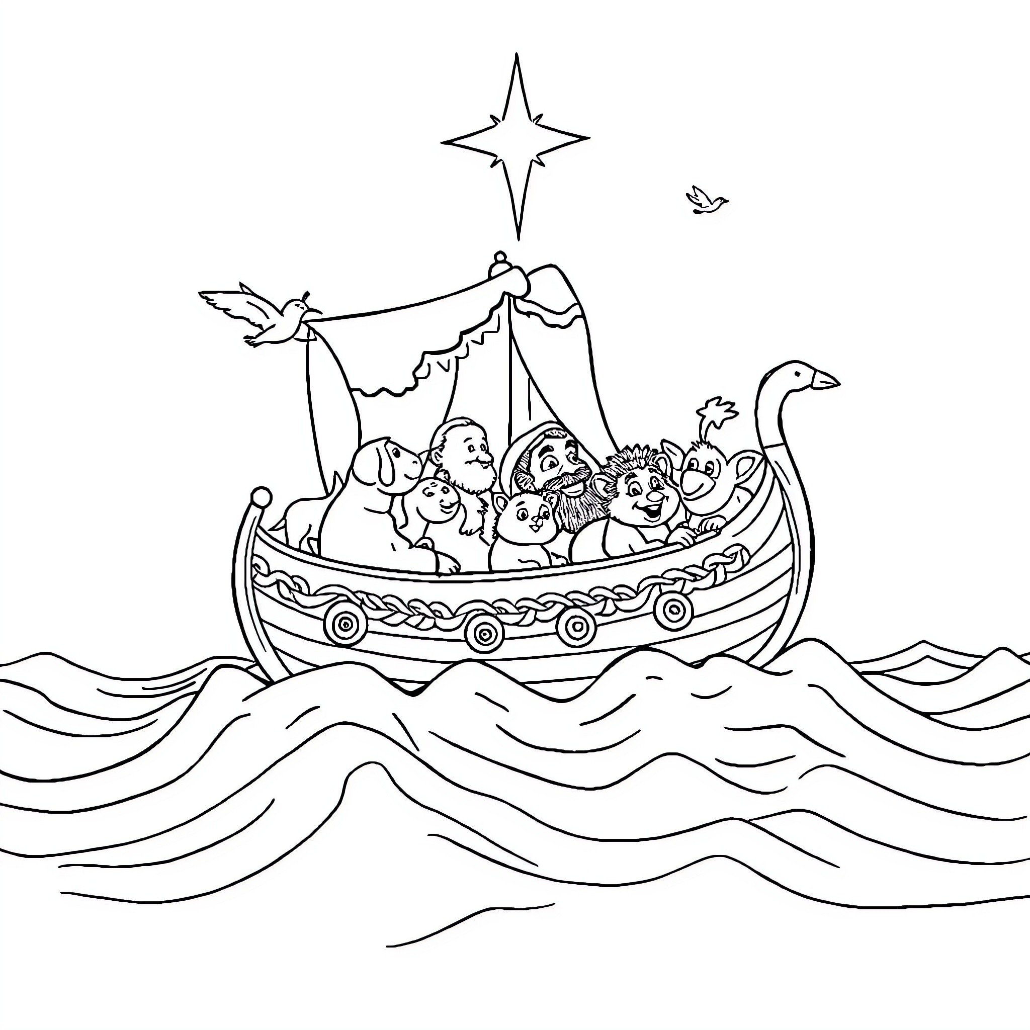Noah's Ark with Animals Sailing on Waves Coloring Page (free black-and-white line drawing printable PDF for all, from beginners to advanced learners, including children, teens, adults, and seniors)
