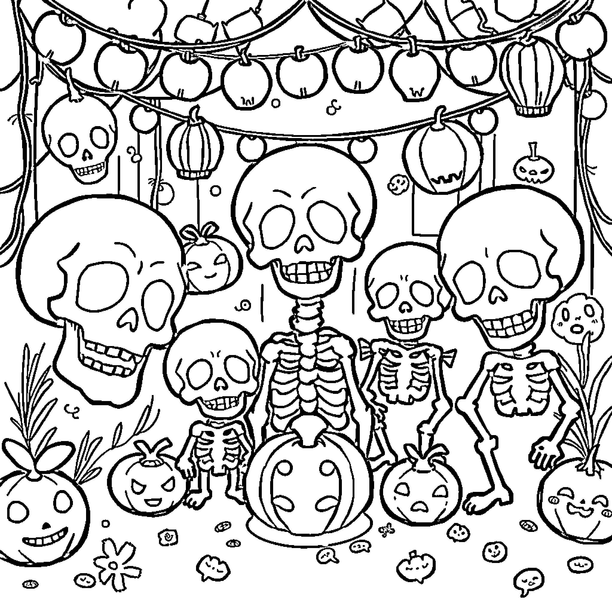 Skull party with joyful skeletons and festive decorations Coloring Page (free black-and-white line drawing printable PDF for all, from beginners to advanced learners, including children, teens, adults, and seniors)