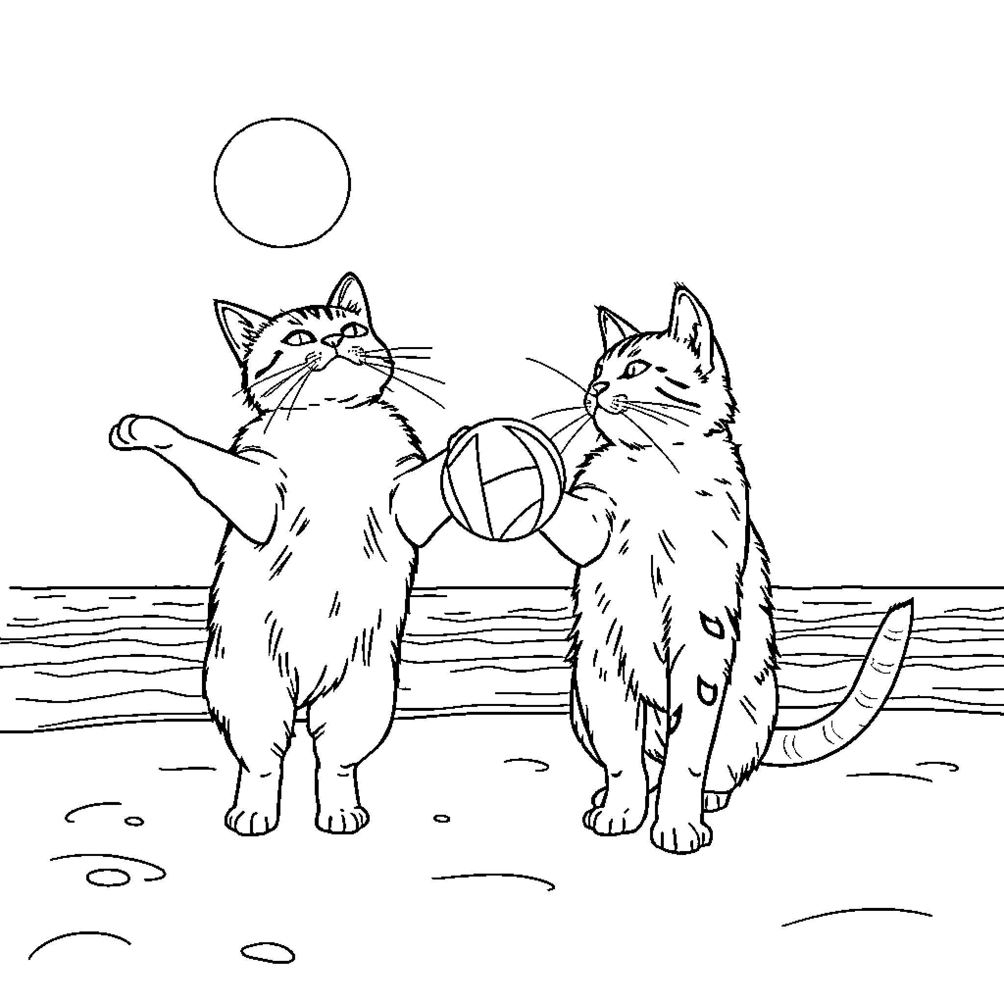 Cats playing with ball on the beach Coloring Page (free black-and-white line drawing printable PDF for all, from beginners to advanced learners, including children, teens, adults, and seniors)