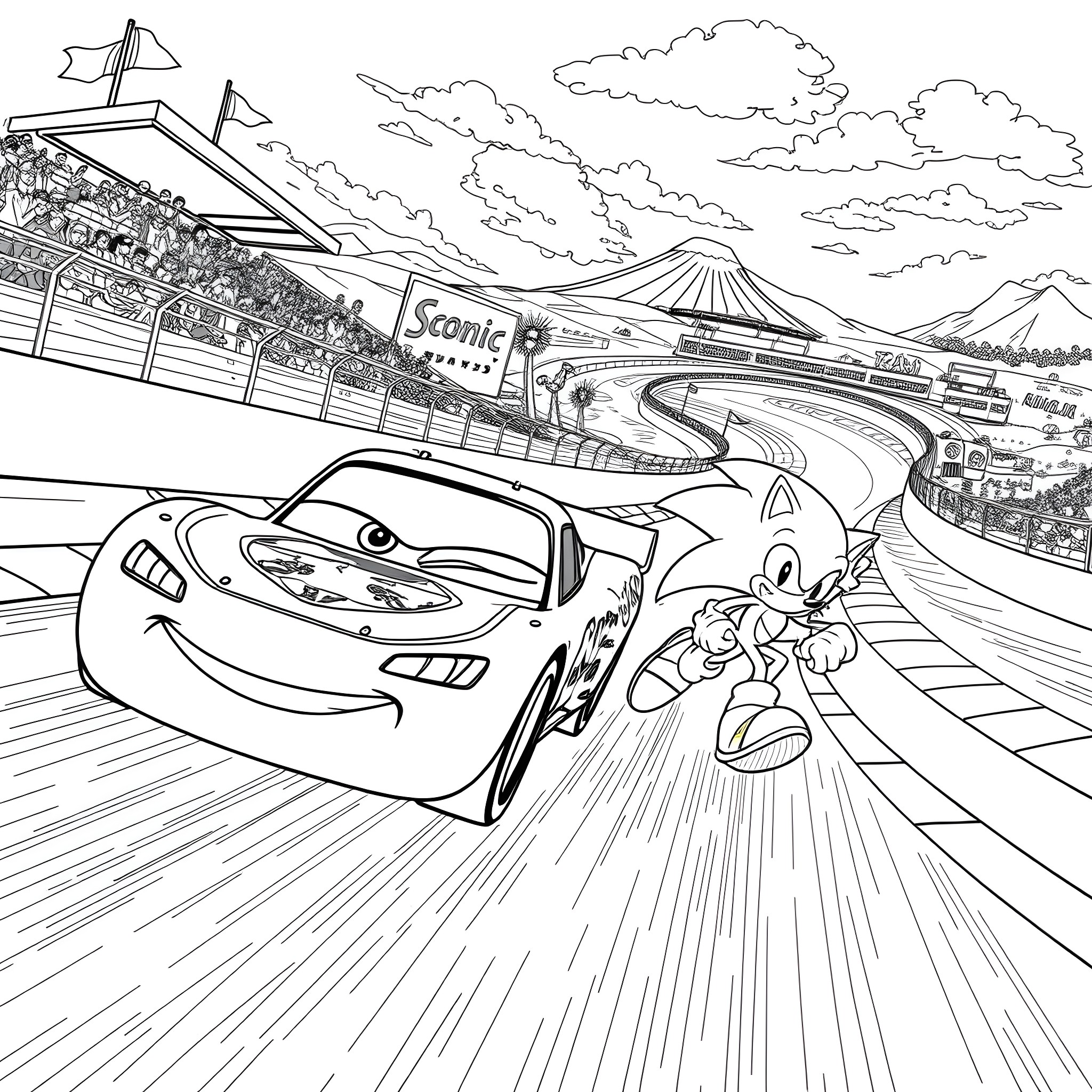 Flash McQueen racing on scenic track with clouds Coloring Page (free black-and-white line drawing printable PDF for all, from beginners to advanced learners, including children, teens, adults, and seniors)