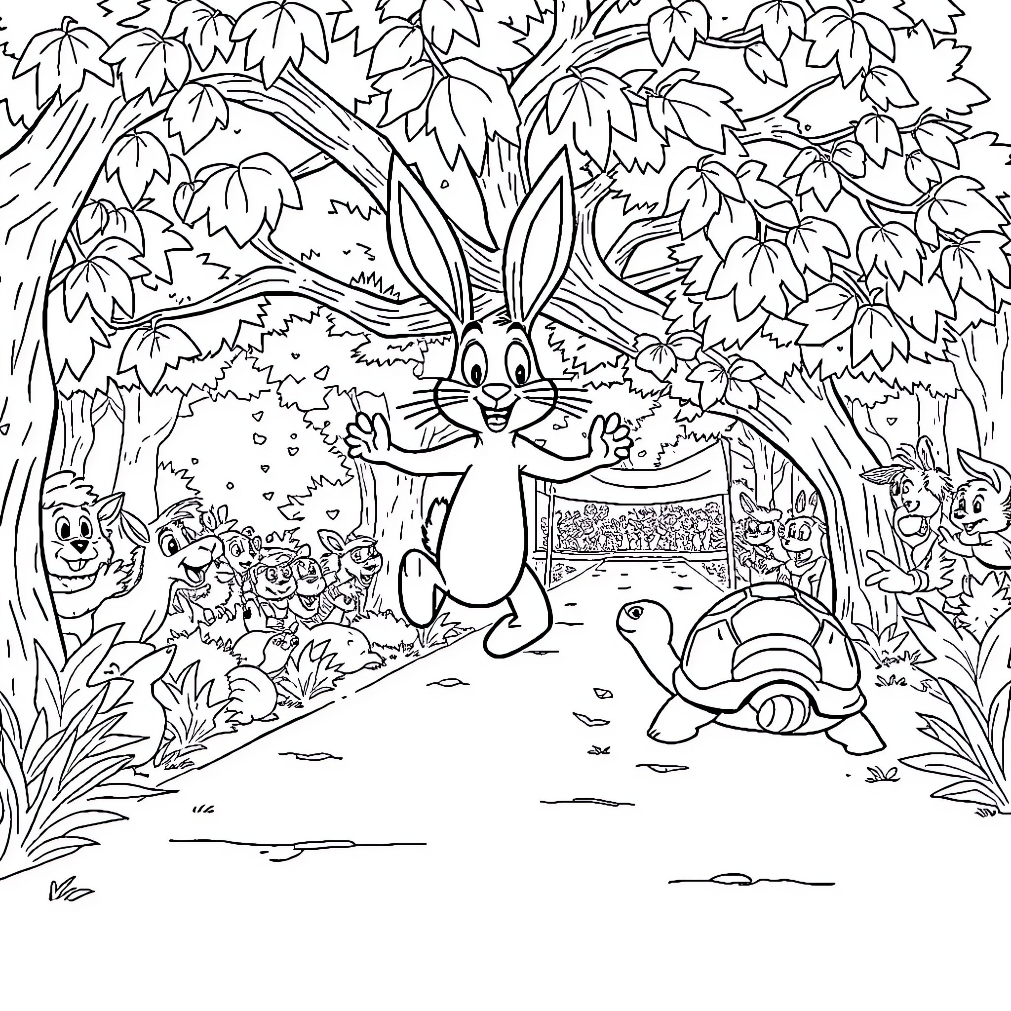 Hare and Tortoise in a Whimsical Forest Scene Coloring Page (free black-and-white line drawing printable PDF for all, from beginners to advanced learners, including children, teens, adults, and seniors)