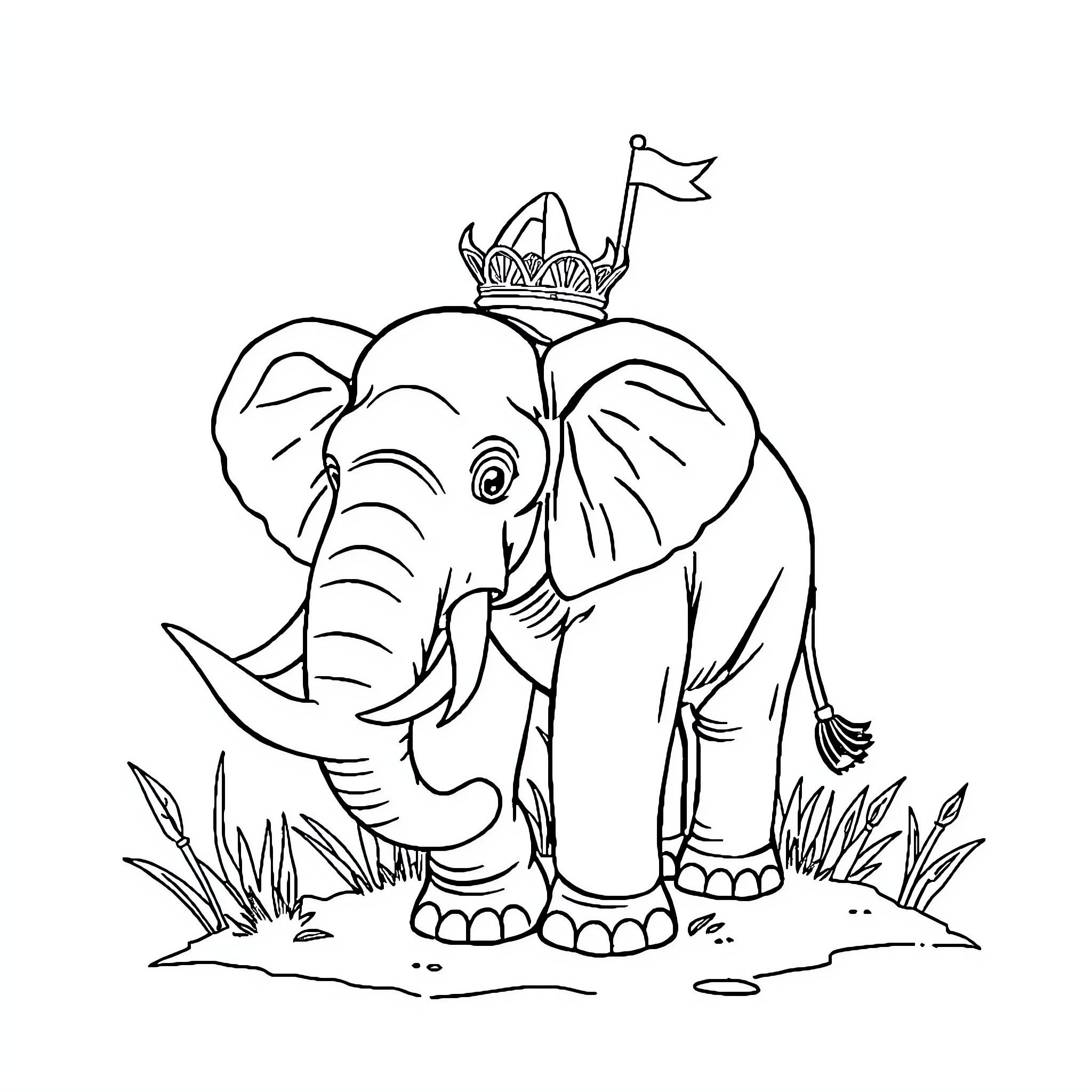 Elephant with crown standing in nature Coloring Page (free black-and-white line drawing printable PDF for all, from beginners to advanced learners, including children, teens, adults, and seniors)