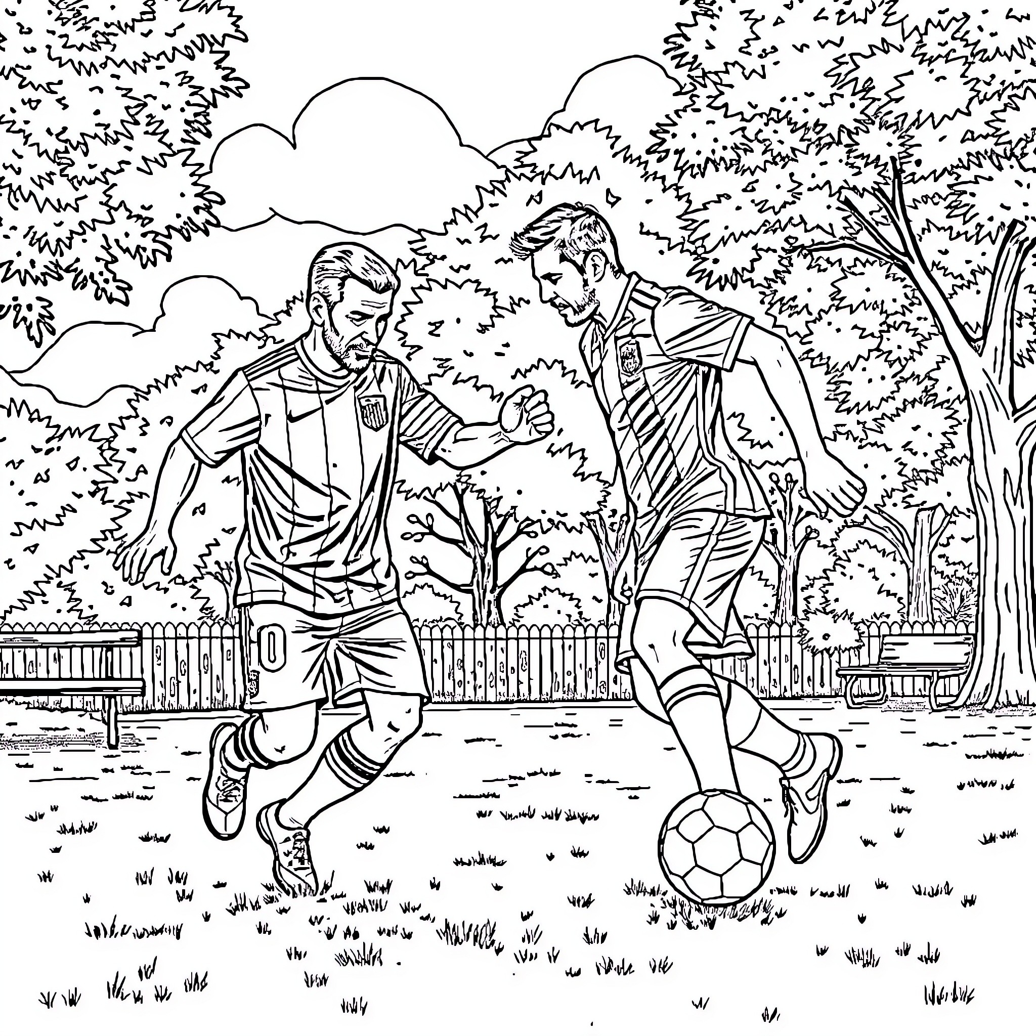 Messi training with teammate on soccer field Coloring Page (free black-and-white line drawing printable PDF for all, from beginners to advanced learners, including children, teens, adults, and seniors)