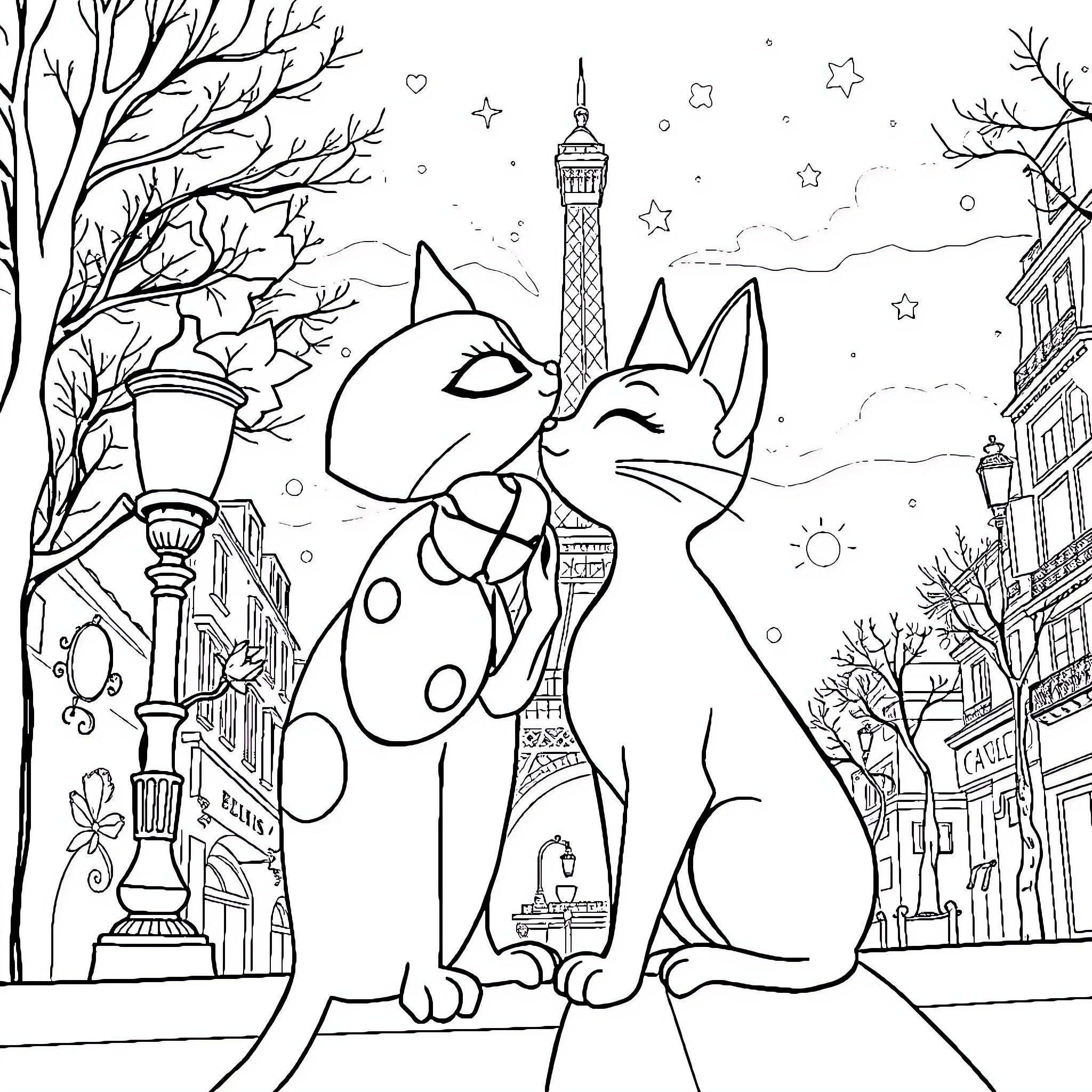Ladybug cats exploring a whimsical Parisian scene Coloring Page (free black-and-white line drawing printable PDF for all, from beginners to advanced learners, including children, teens, adults, and seniors)