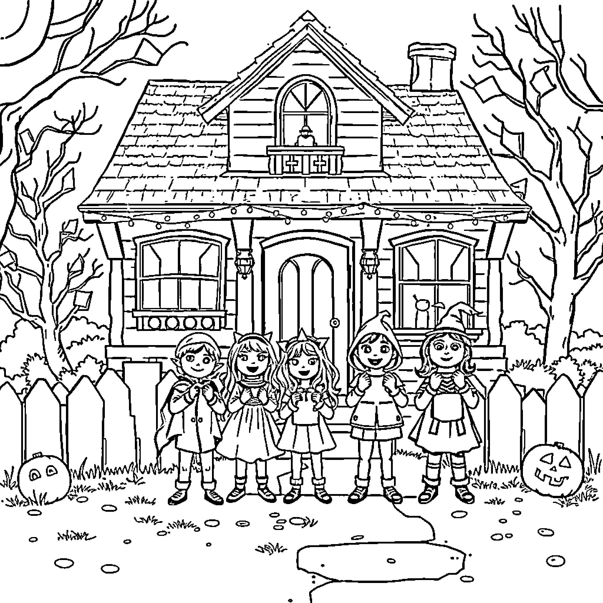 Halloween House with Trick-or-Treating Children Coloring Page (free black-and-white line drawing printable PDF for all, from beginners to advanced learners, including children, teens, adults, and seniors)