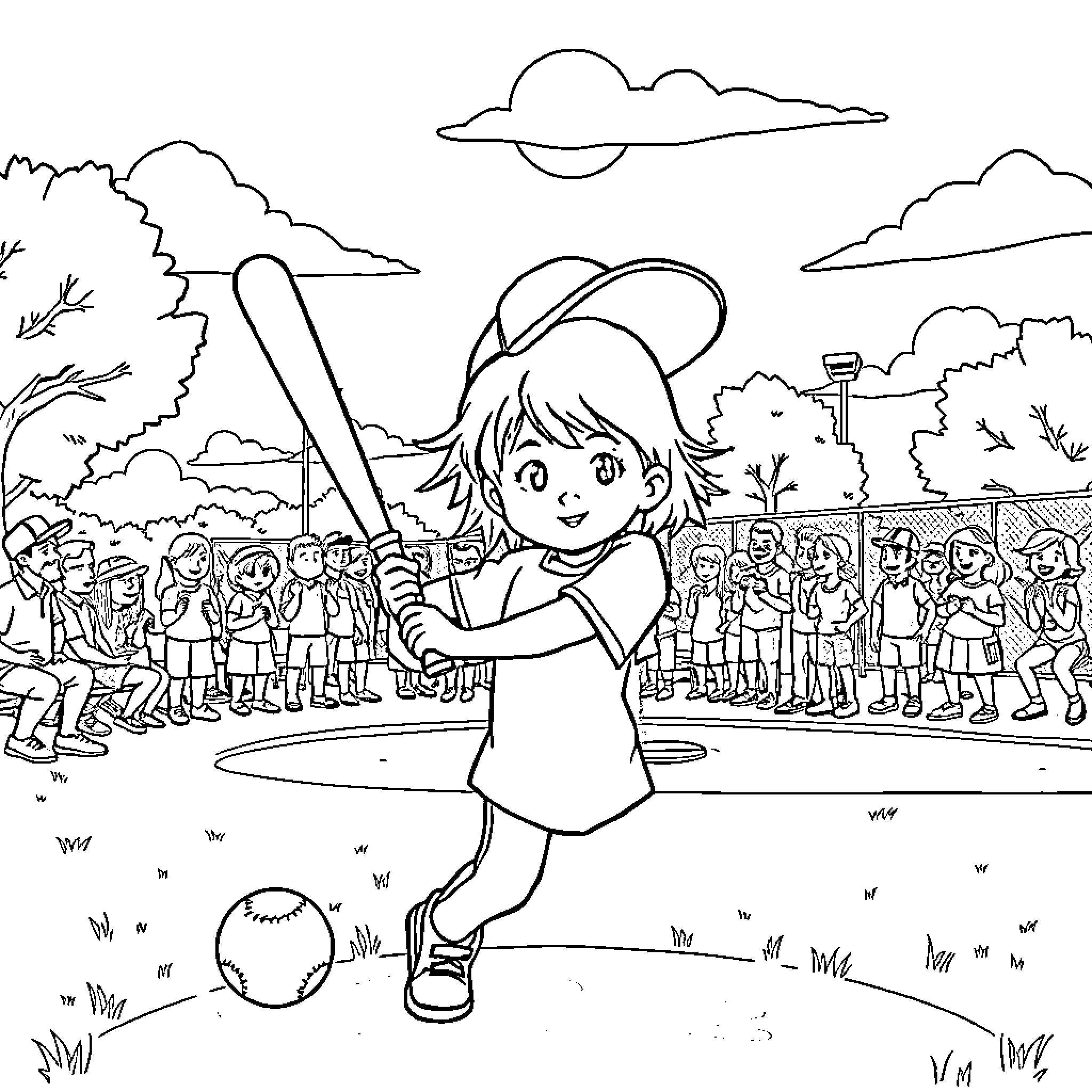 Baseball player batting in front of cheering crowd Coloring Page (free black-and-white line drawing printable PDF for all, from beginners to advanced learners, including children, teens, adults, and seniors)