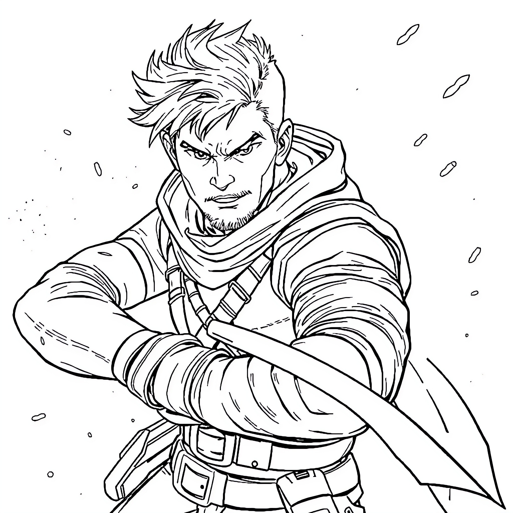 Darrow the Determined Warrior in Action Coloring Page (free black-and-white line drawing printable PDF for all, from beginners to advanced learners, including children, teens, adults, and seniors)