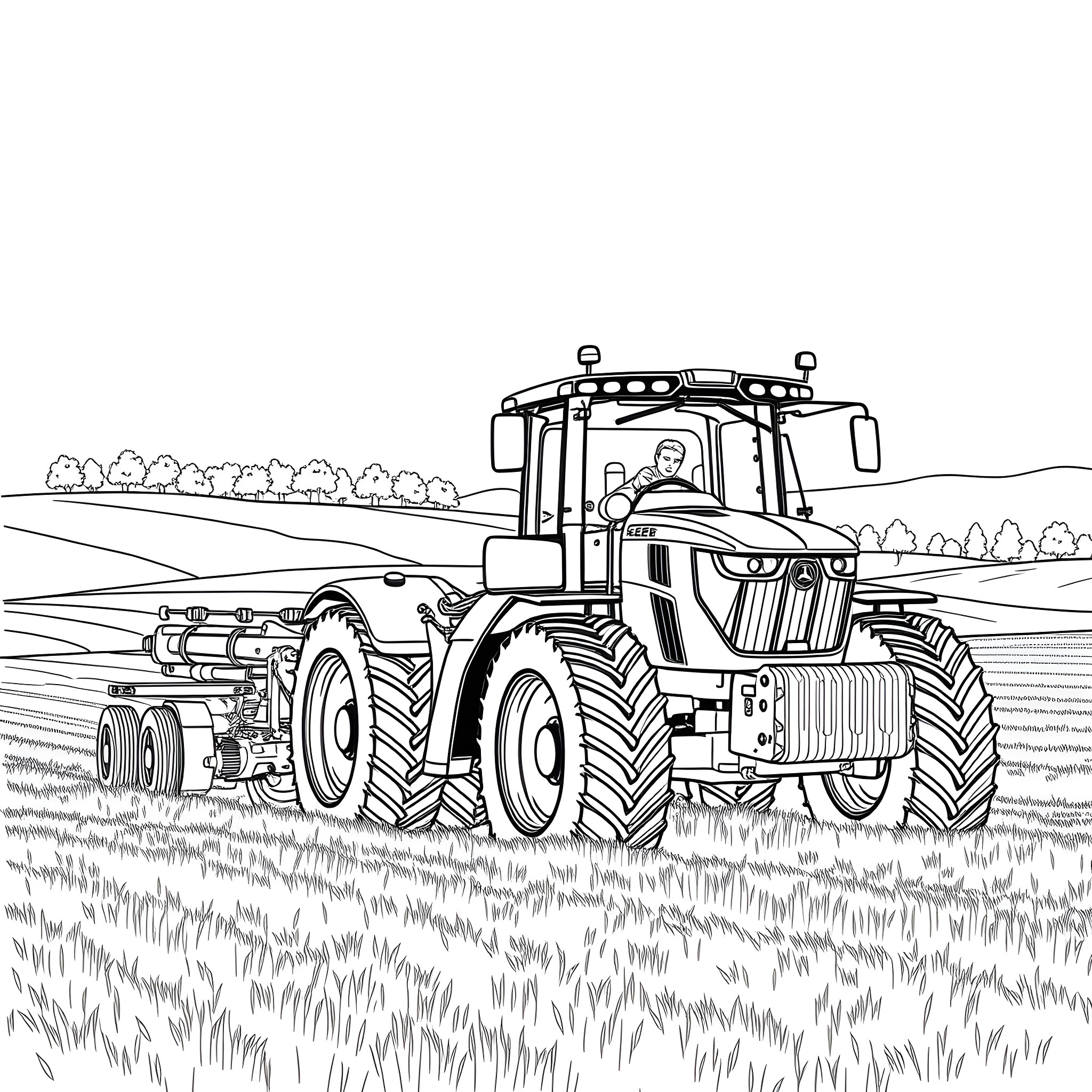Tractor plowing through the fields Coloring Page (free black-and-white line drawing printable PDF for all, from beginners to advanced learners, including children, teens, adults, and seniors)