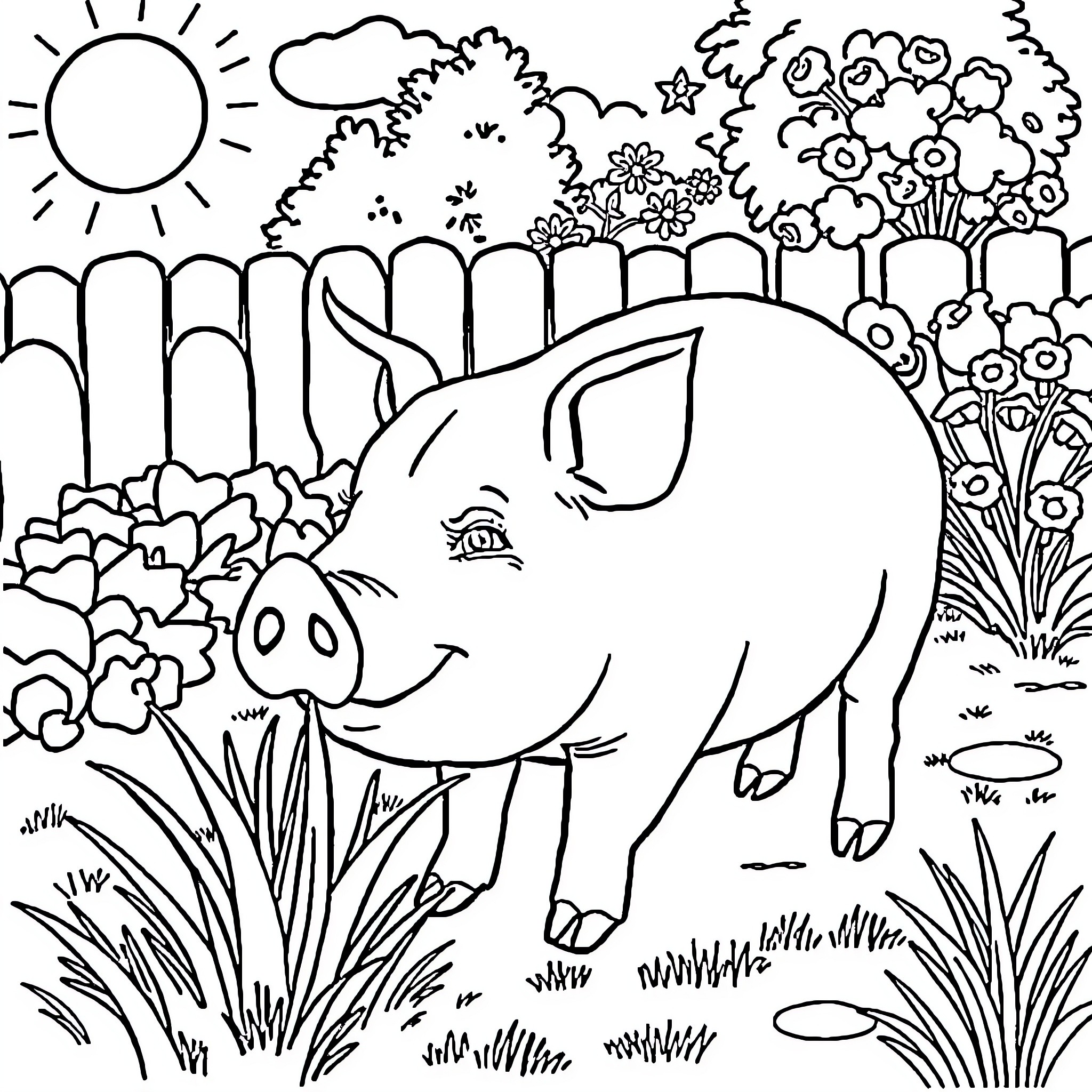 Pig enjoying a sunny day in the garden Coloring Page (free black-and-white line drawing printable PDF for all, from beginners to advanced learners, including children, teens, adults, and seniors)