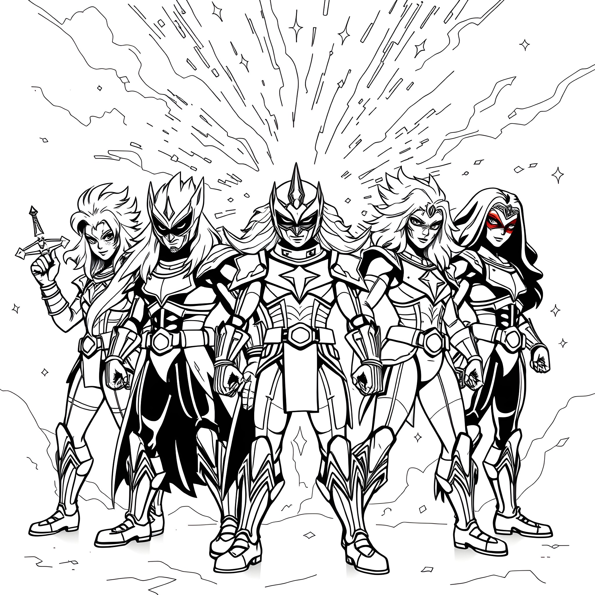 Glitter Force heroes in heroic poses Coloring Page (free black-and-white line drawing printable PDF for all, from beginners to advanced learners, including children, teens, adults, and seniors)