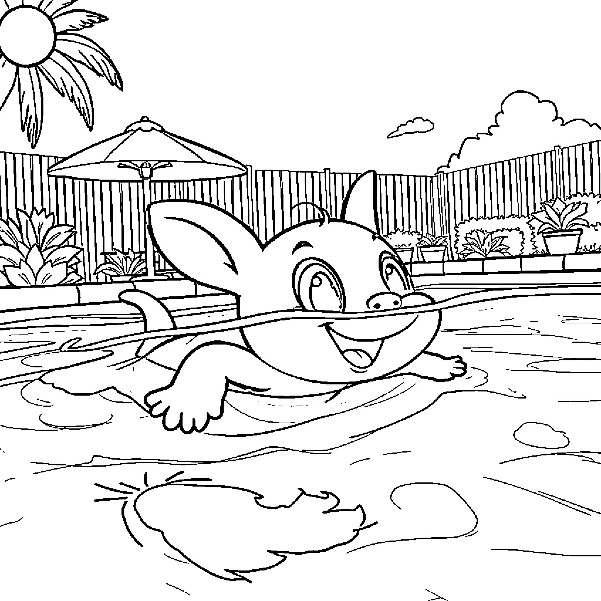 Bluey splashing and playing in the backyard pool Coloring Page (free black-and-white line drawing printable PDF for all, from beginners to advanced learners, including children, teens, adults, and seniors)
