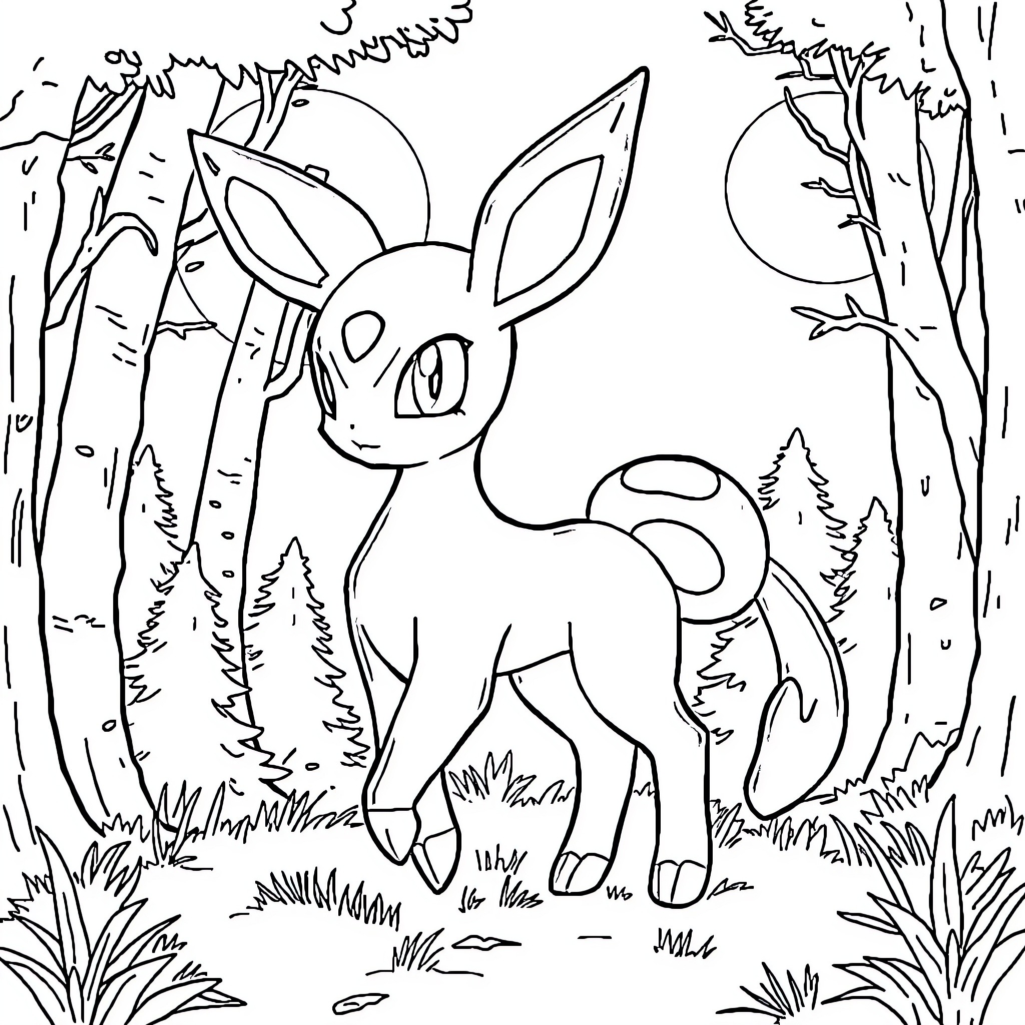 Umbreon exploring the enchanted forest Coloring Page (free black-and-white line drawing printable PDF for all, from beginners to advanced learners, including children, teens, adults, and seniors)
