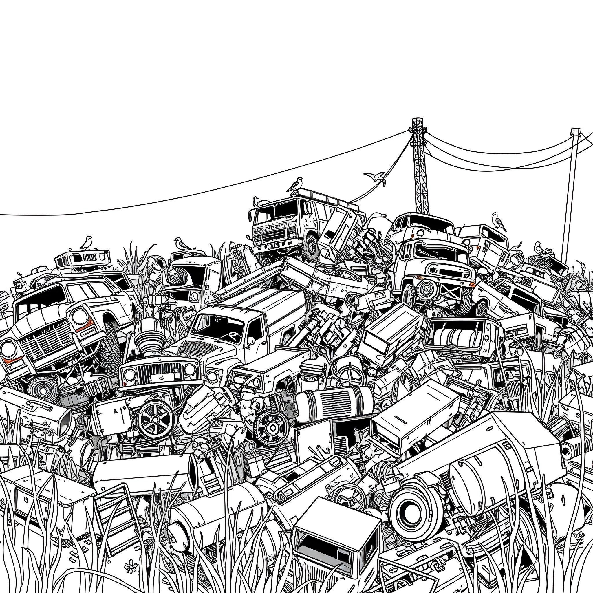 Junk Yard Filled with Vehicles and Machinery Coloring Page (free black-and-white line drawing printable PDF for all, from beginners to advanced learners, including children, teens, adults, and seniors)