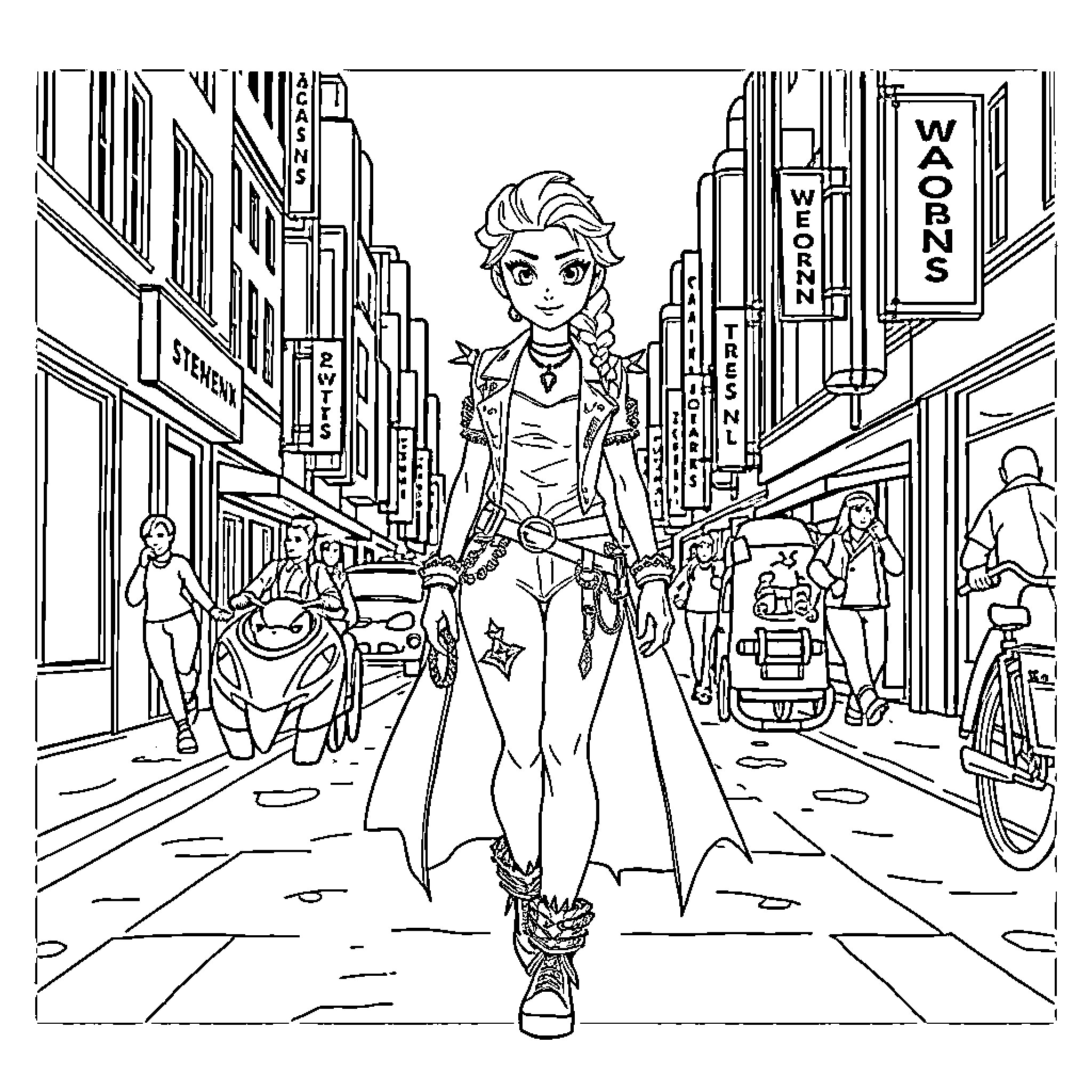 Elsa's Stylish Adventure in the City Coloring Page (free black-and-white line drawing printable PDF for all, from beginners to advanced learners, including children, teens, adults, and seniors)