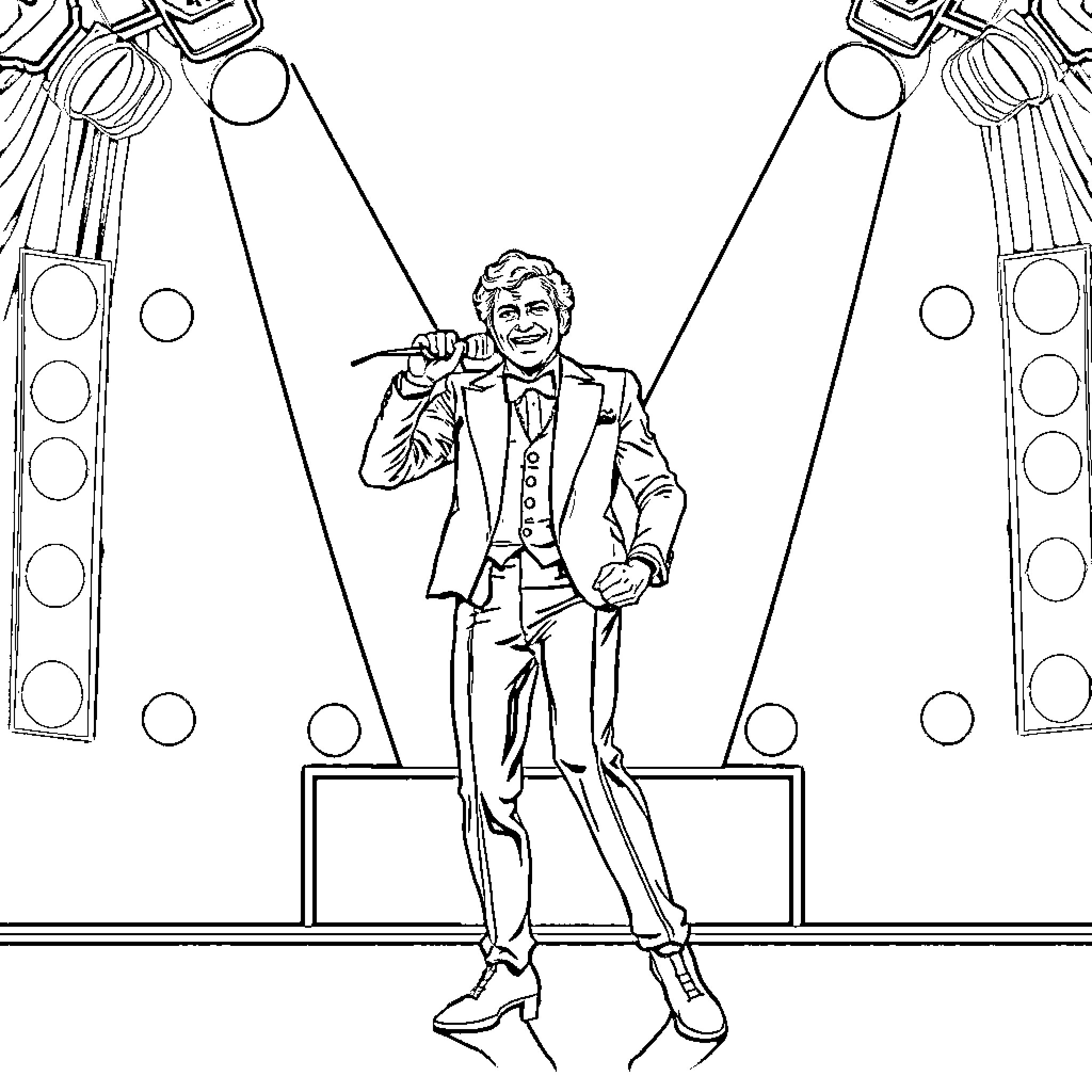 Charlie Kirk on stage with flashy lighting Coloring Page (free black-and-white line drawing printable PDF for all, from beginners to advanced learners, including children, teens, adults, and seniors)