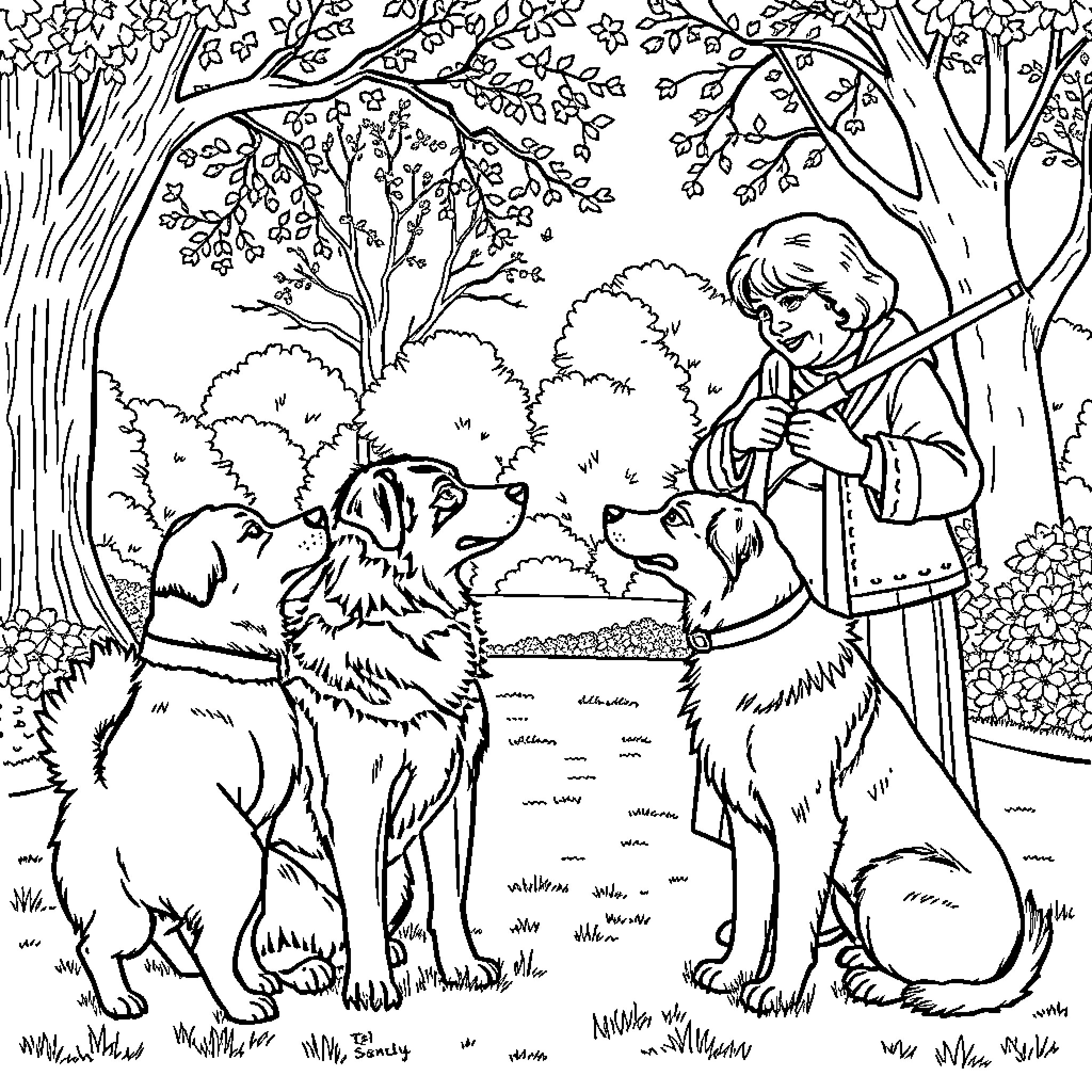 Hund playing with children in the forest Coloring Page (free black-and-white line drawing printable PDF for all, from beginners to advanced learners, including children, teens, adults, and seniors)
