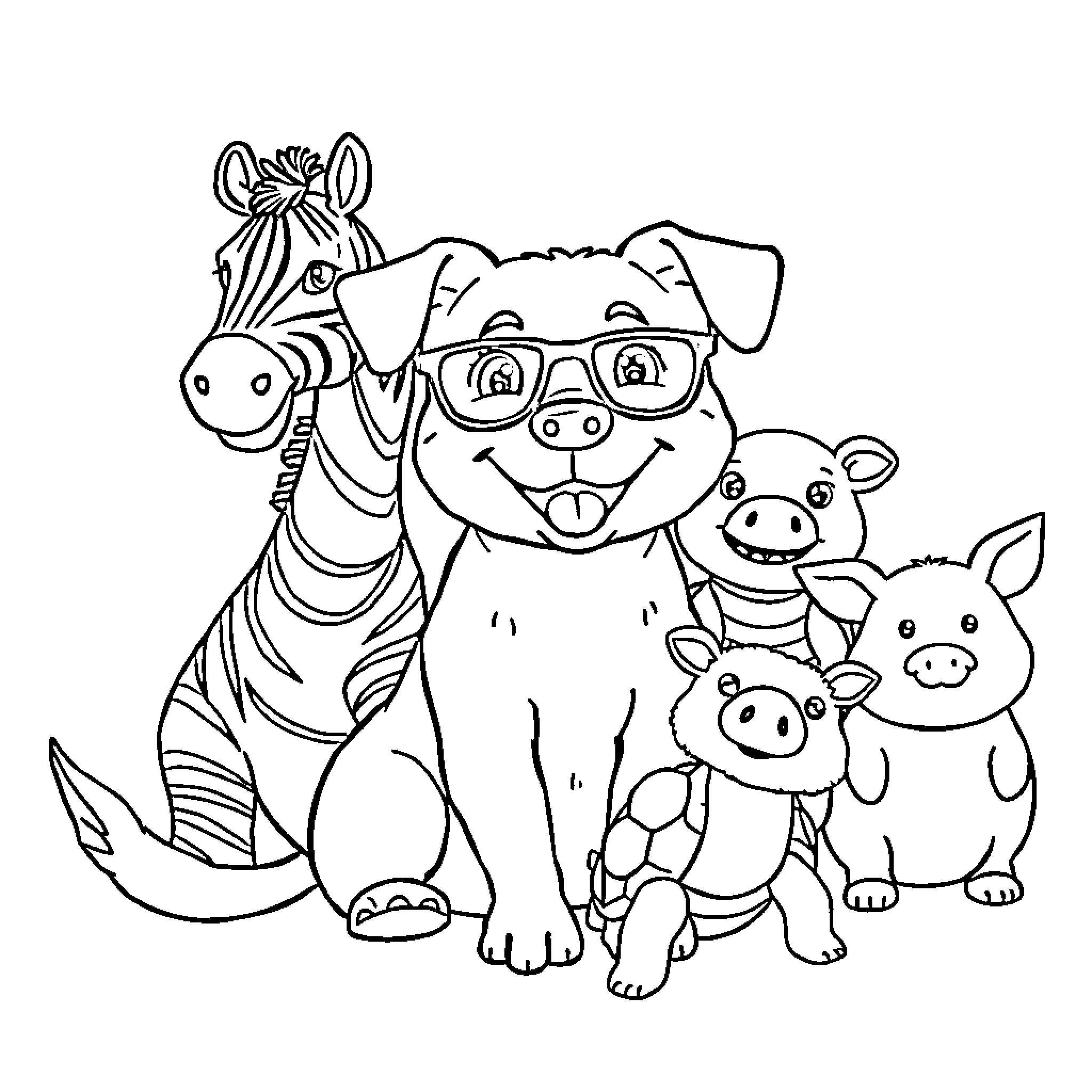Dog and Pigs Playing Together Coloring Page (free black-and-white line drawing printable PDF for all, from beginners to advanced learners, including children, teens, adults, and seniors)