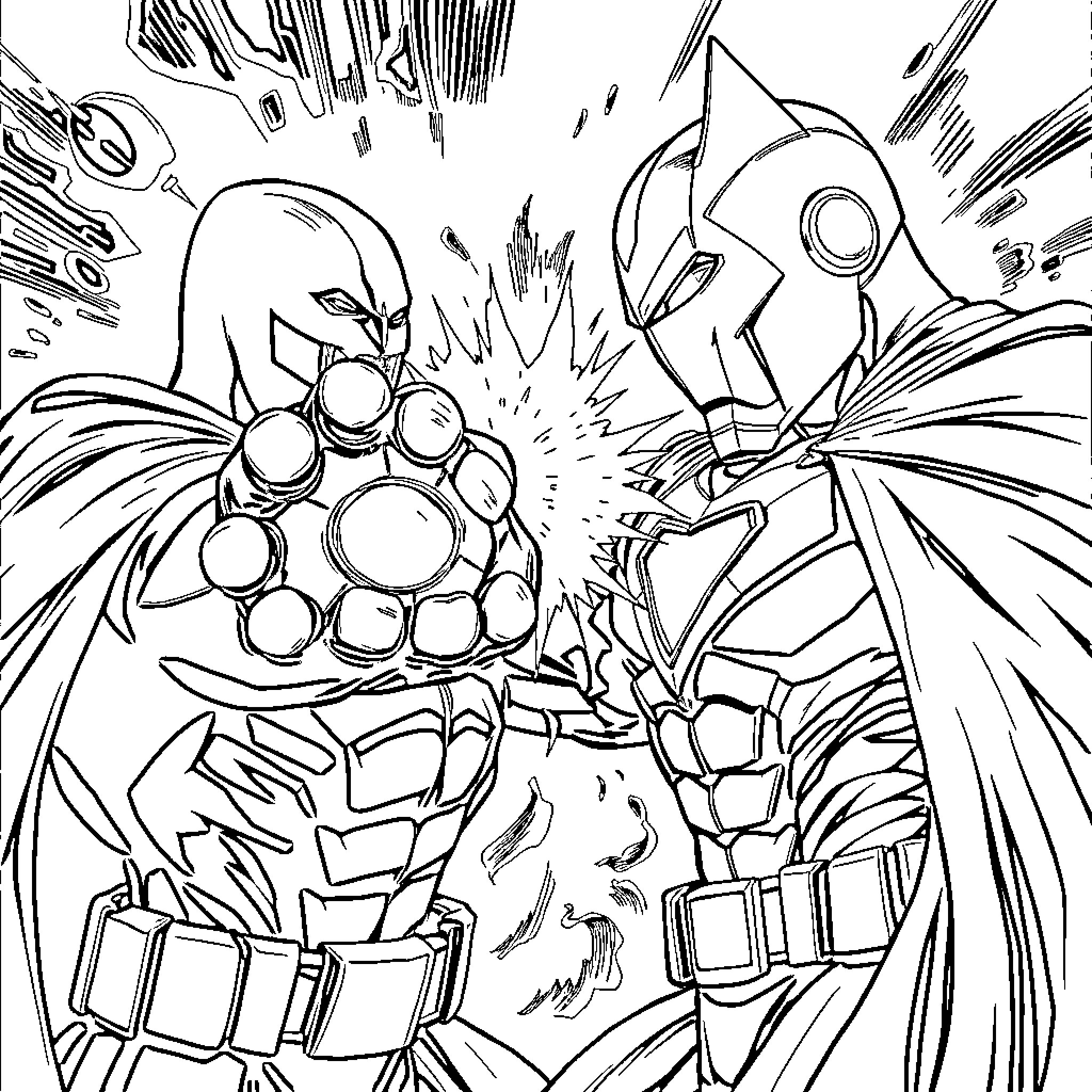 Iron Man vs Robotic Villain in Explosive Battle Coloring Page (free black-and-white line drawing printable PDF for all, from beginners to advanced learners, including children, teens, adults, and seniors)