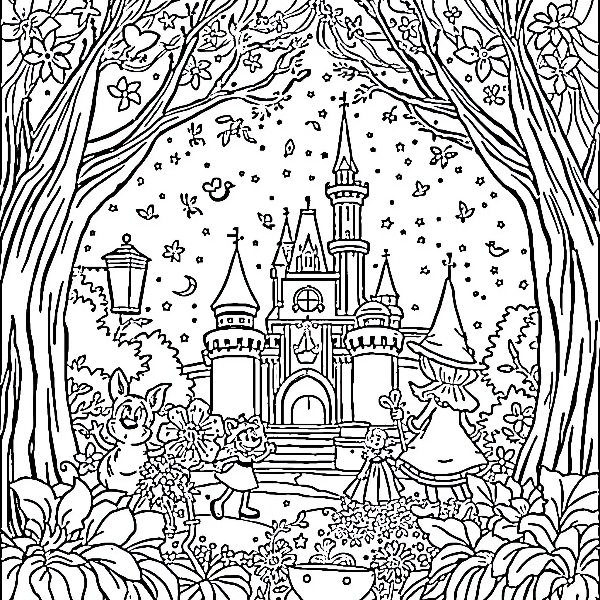 Disney Fairytale Castle Surrounded by Enchanting Nature Coloring Page (free black-and-white line drawing printable PDF for all, from beginners to advanced learners, including children, teens, adults, and seniors)