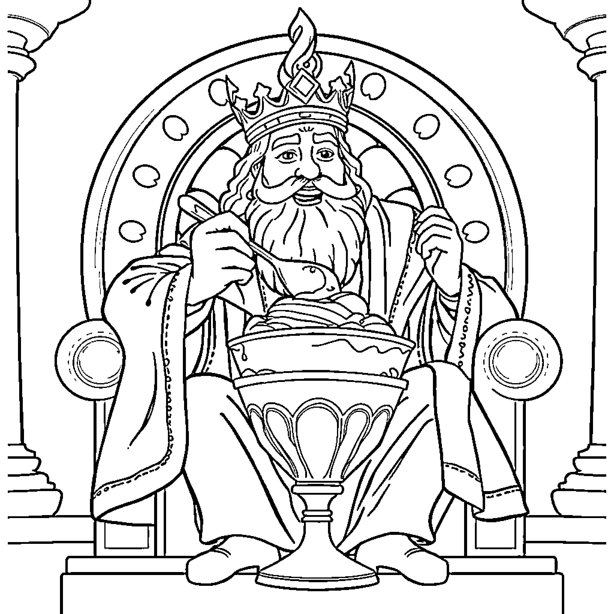 King Solomon enthroned with ceremonial chalice Coloring Page (free black-and-white line drawing printable PDF for all, from beginners to advanced learners, including children, teens, adults, and seniors)