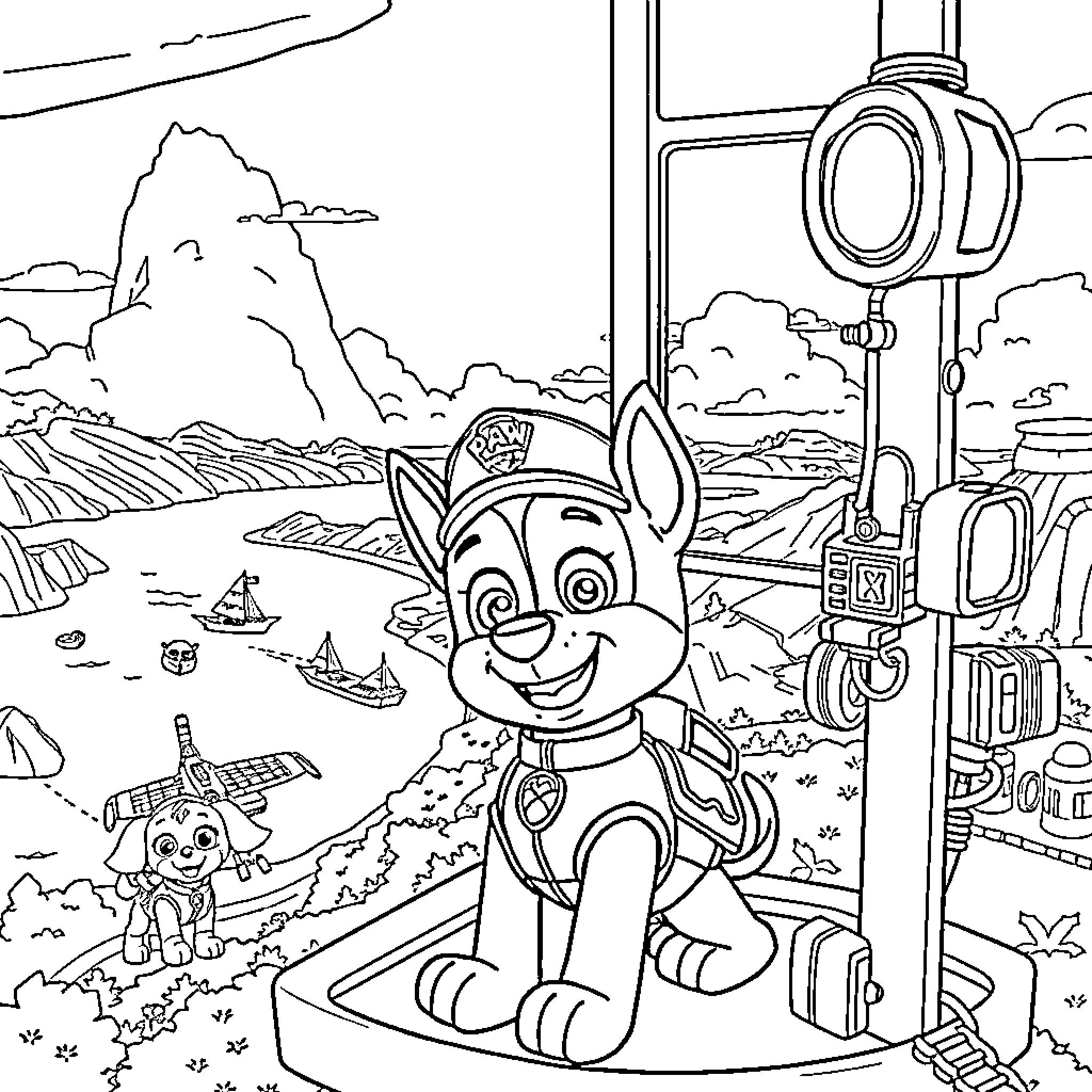 Chase through the Cartoon Landscape Coloring Page (free black-and-white line drawing printable PDF for all, from beginners to advanced learners, including children, teens, adults, and seniors)