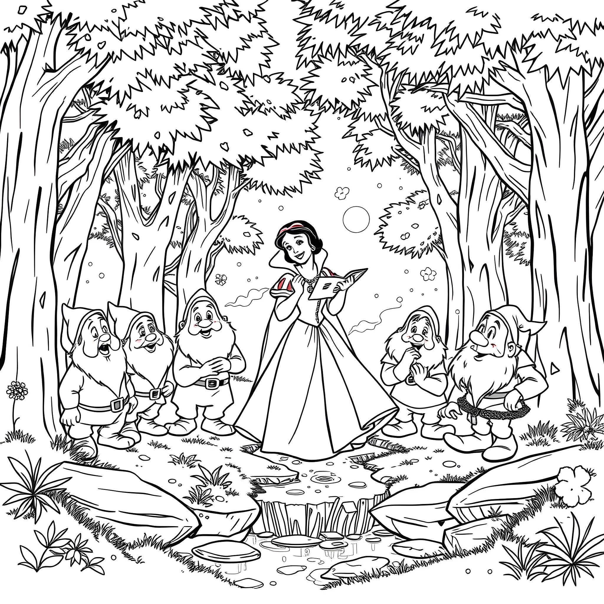 Dwarf Princess in the Enchanted Forest Coloring Page (free black-and-white line drawing printable PDF for all, from beginners to advanced learners, including children, teens, adults, and seniors)