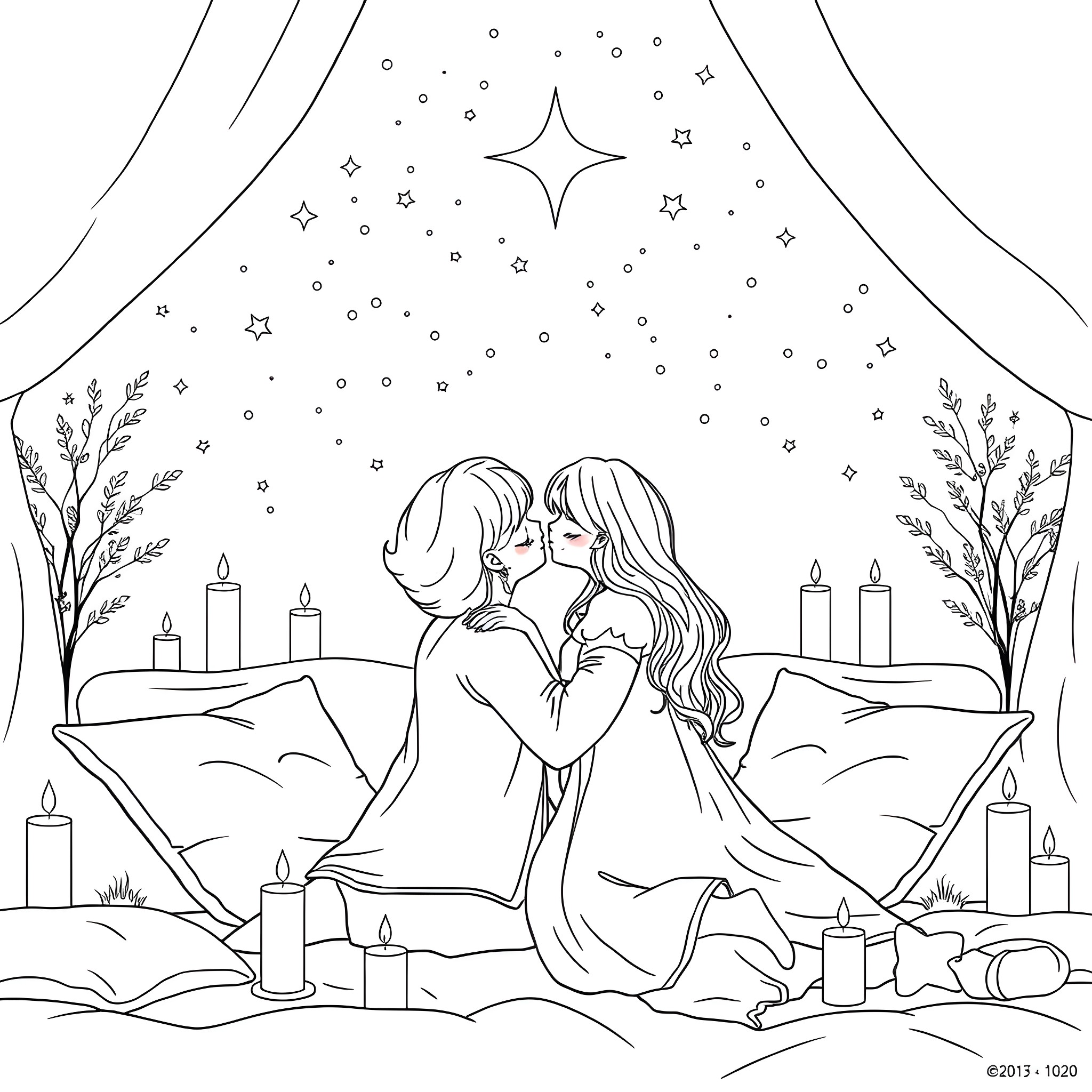 Love's Embrace Under the Starry Night Coloring Page (free black-and-white line drawing printable PDF for all, from beginners to advanced learners, including children, teens, adults, and seniors)