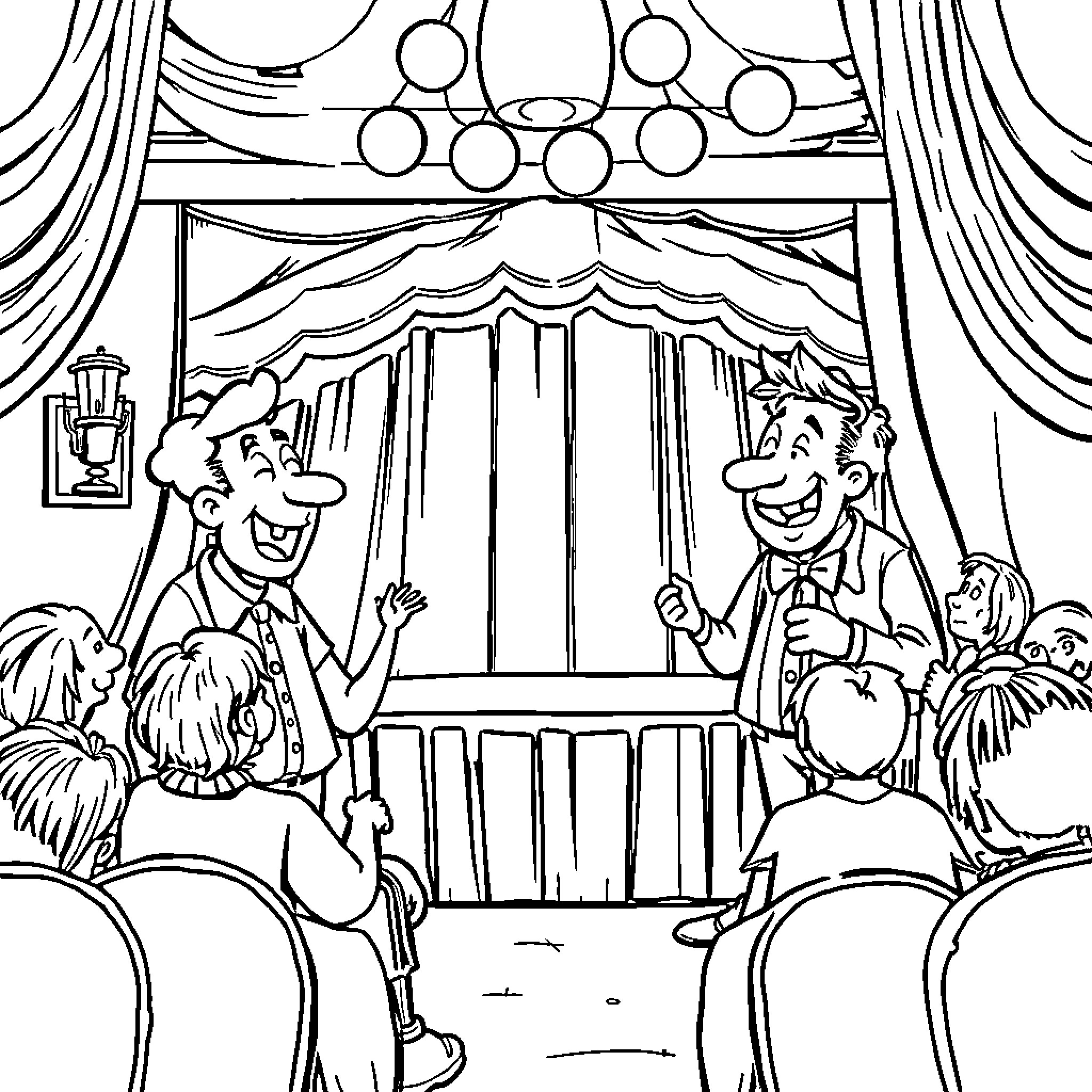 Brainrot: Comedy show performers on stage Coloring Page (free black-and-white line drawing printable PDF for all, from beginners to advanced learners, including children, teens, adults, and seniors)