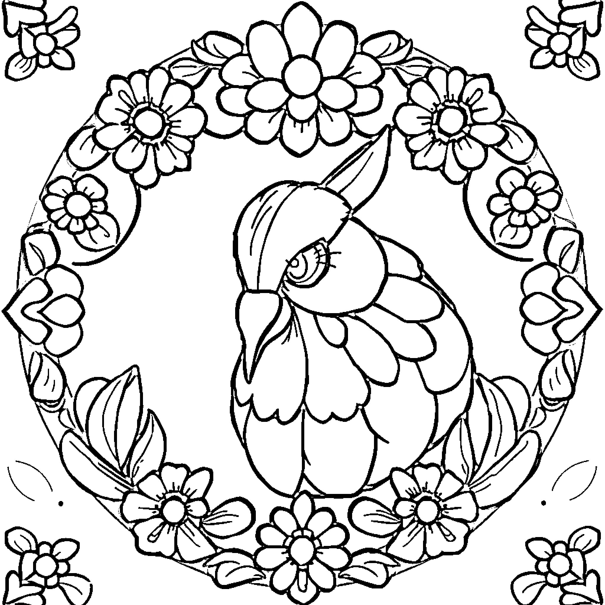 Online Course Featuring a Floral Wreath with a Colorful Bird Coloring Page (free black-and-white line drawing printable PDF for all, from beginners to advanced learners, including children, teens, adults, and seniors)