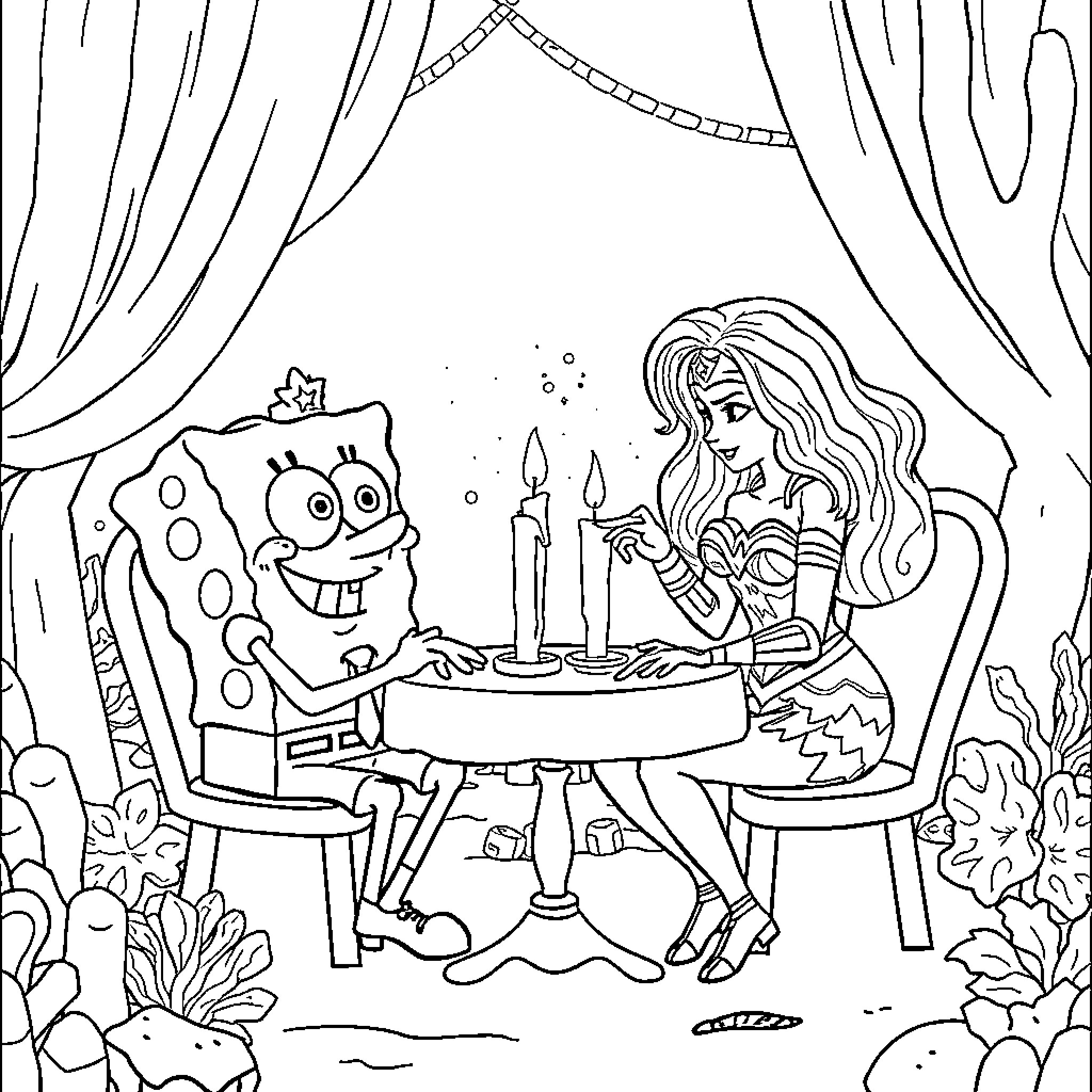 Spongebob celebrating a birthday party with a mermaid Coloring Page (free black-and-white line drawing printable PDF for all, from beginners to advanced learners, including children, teens, adults, and seniors)