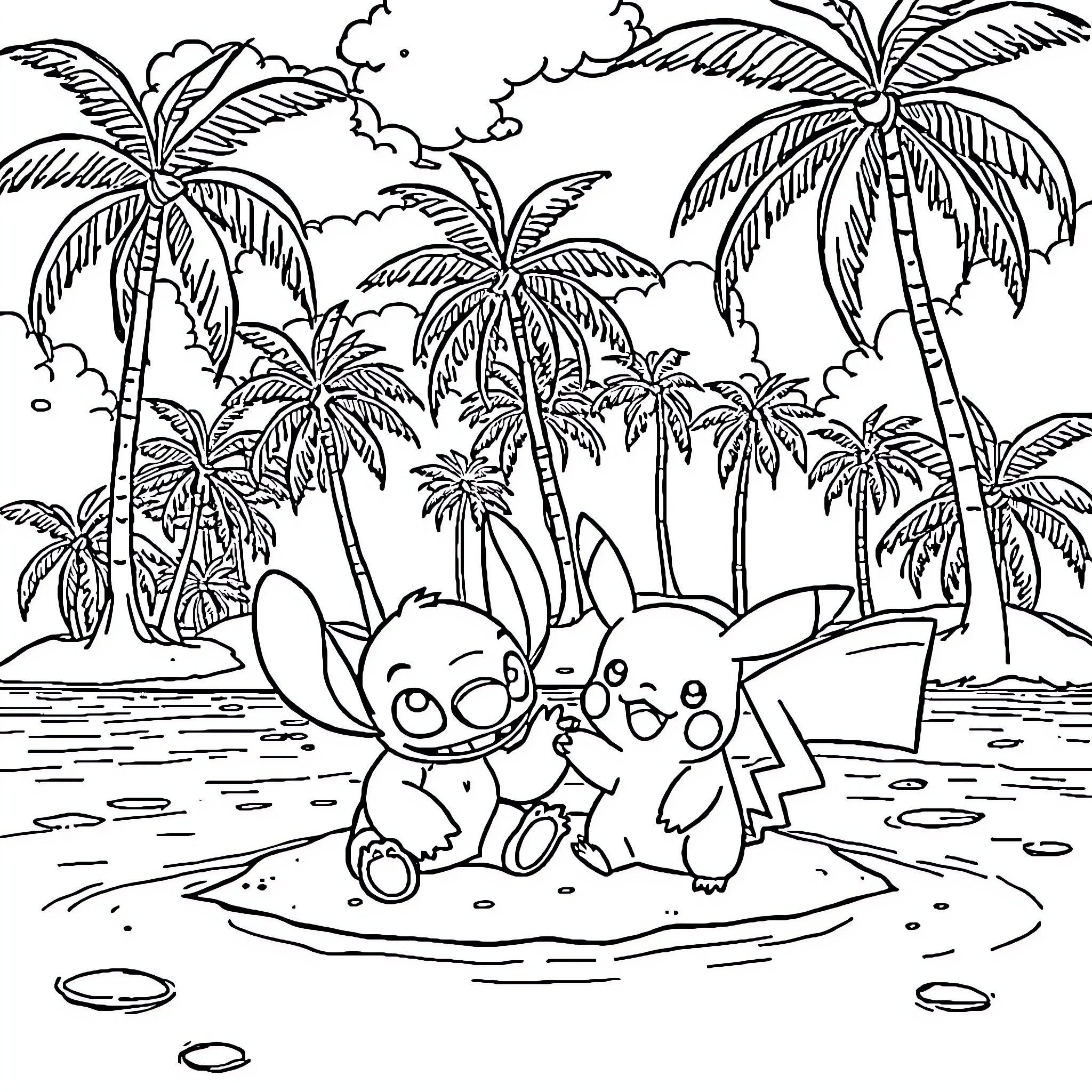 Stitch and friends enjoying a tropical beach Coloring Page (free black-and-white line drawing printable PDF for all, from beginners to advanced learners, including children, teens, adults, and seniors)