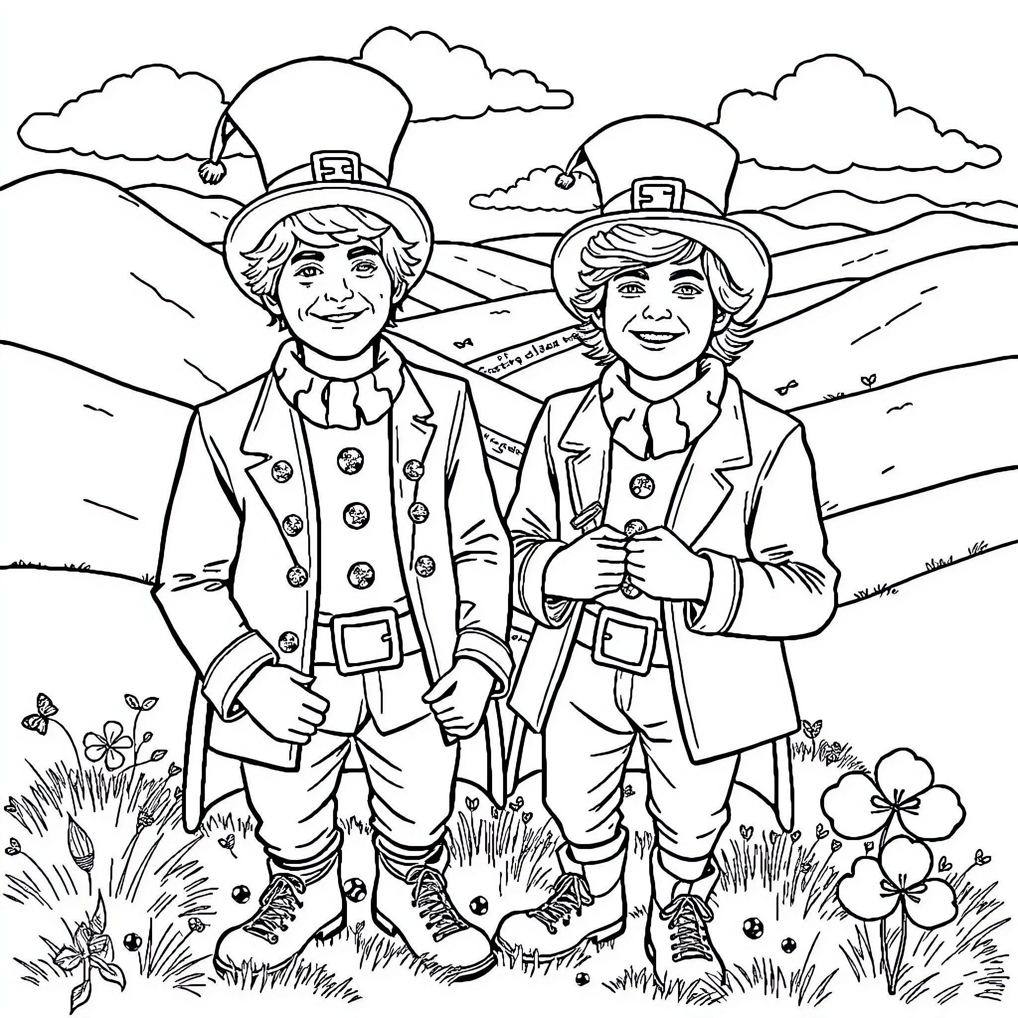Niall Horan and friends in traditional Irish attire enjoying the outdoors Coloring Page (free black-and-white line drawing printable PDF for all, from beginners to advanced learners, including children, teens, adults, and seniors)
