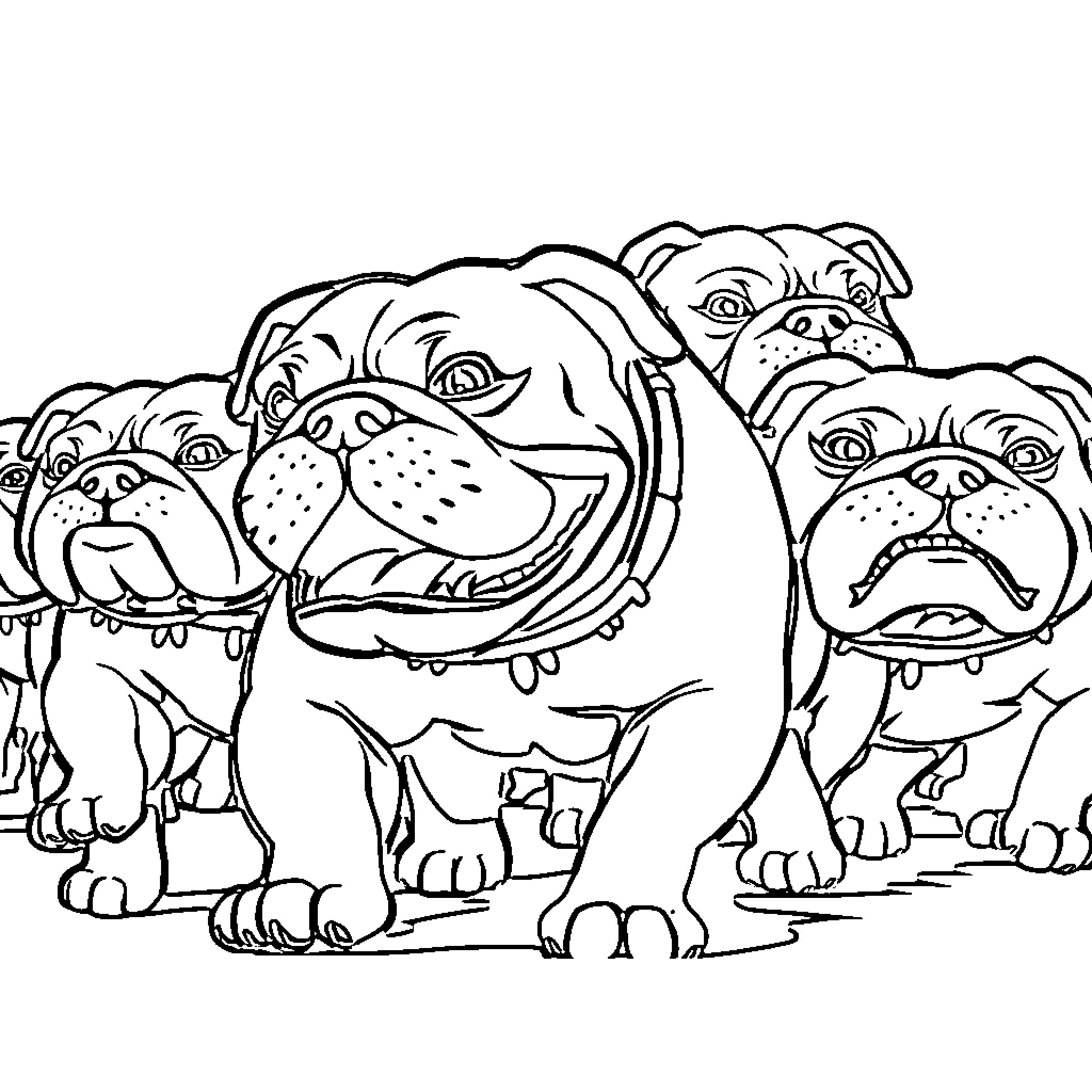 Bulldogs in a Comical Pose Coloring Page (free black-and-white line drawing printable PDF for all, from beginners to advanced learners, including children, teens, adults, and seniors)