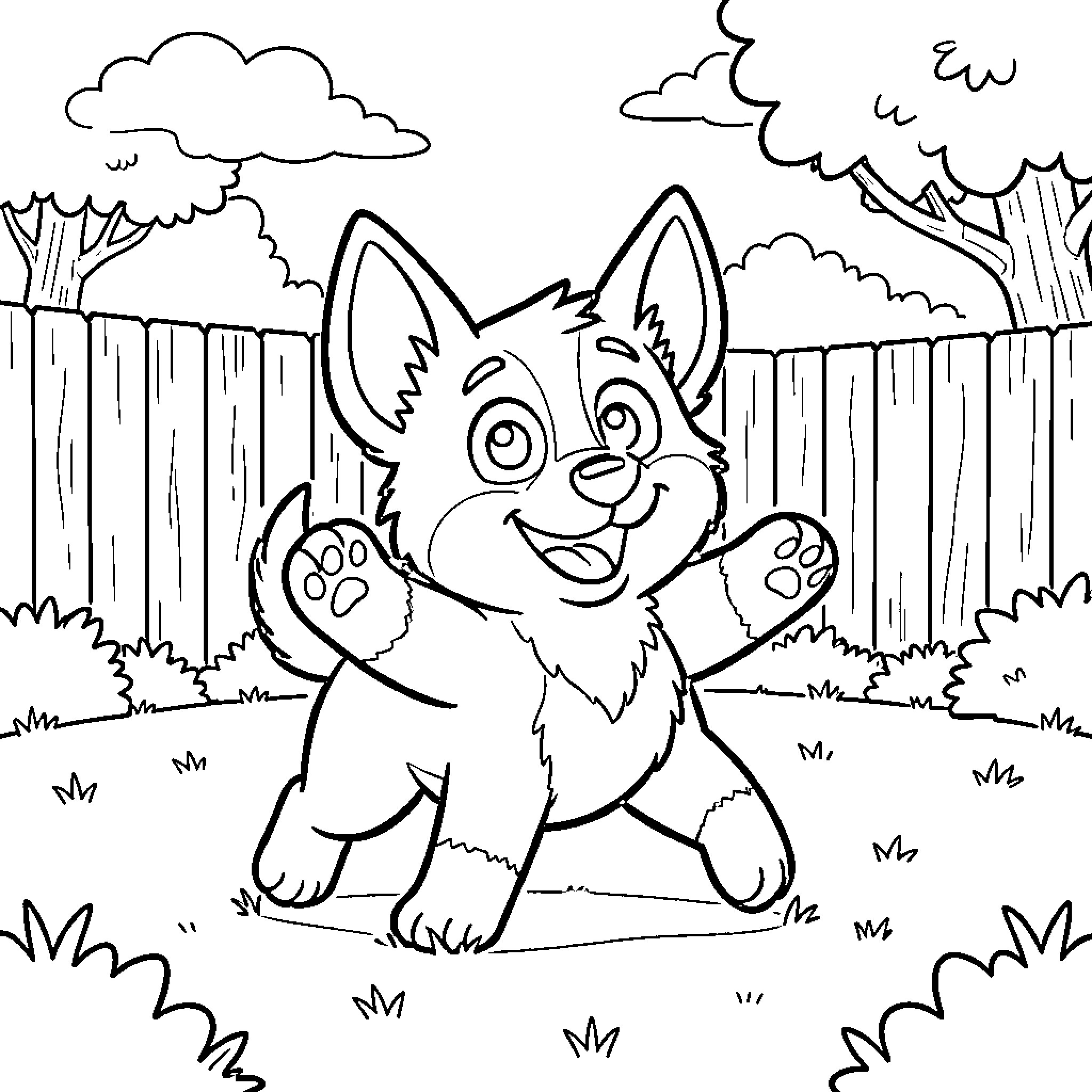 Bluey exploring the outdoors with excitement Coloring Page (free black-and-white line drawing printable PDF for all, from beginners to advanced learners, including children, teens, adults, and seniors)