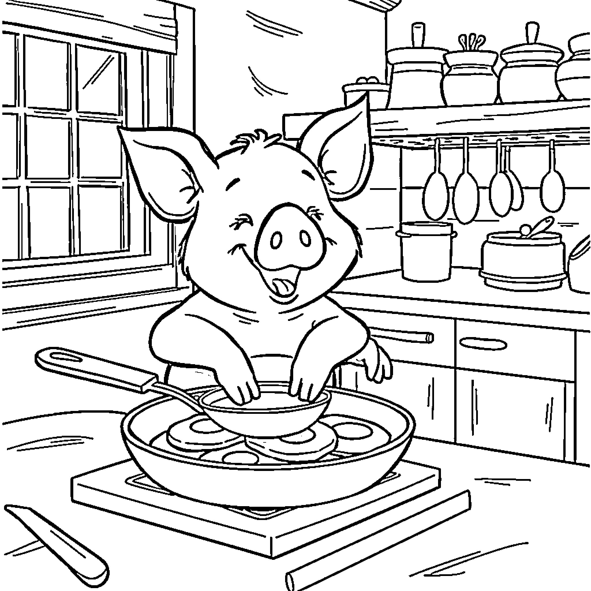 Pig cooking happily in the kitchen Coloring Page (free black-and-white line drawing printable PDF for all, from beginners to advanced learners, including children, teens, adults, and seniors)