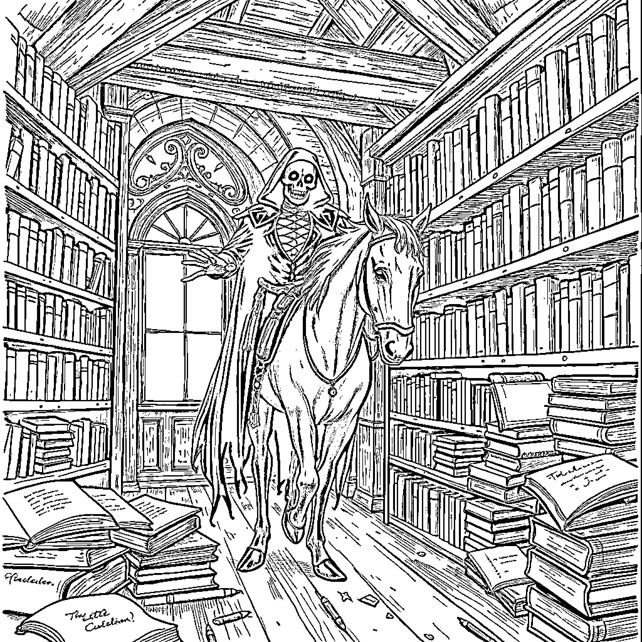 Headless Horseman riding through an ancient library Coloring Page (free black-and-white line drawing printable PDF for all, from beginners to advanced learners, including children, teens, adults, and seniors)