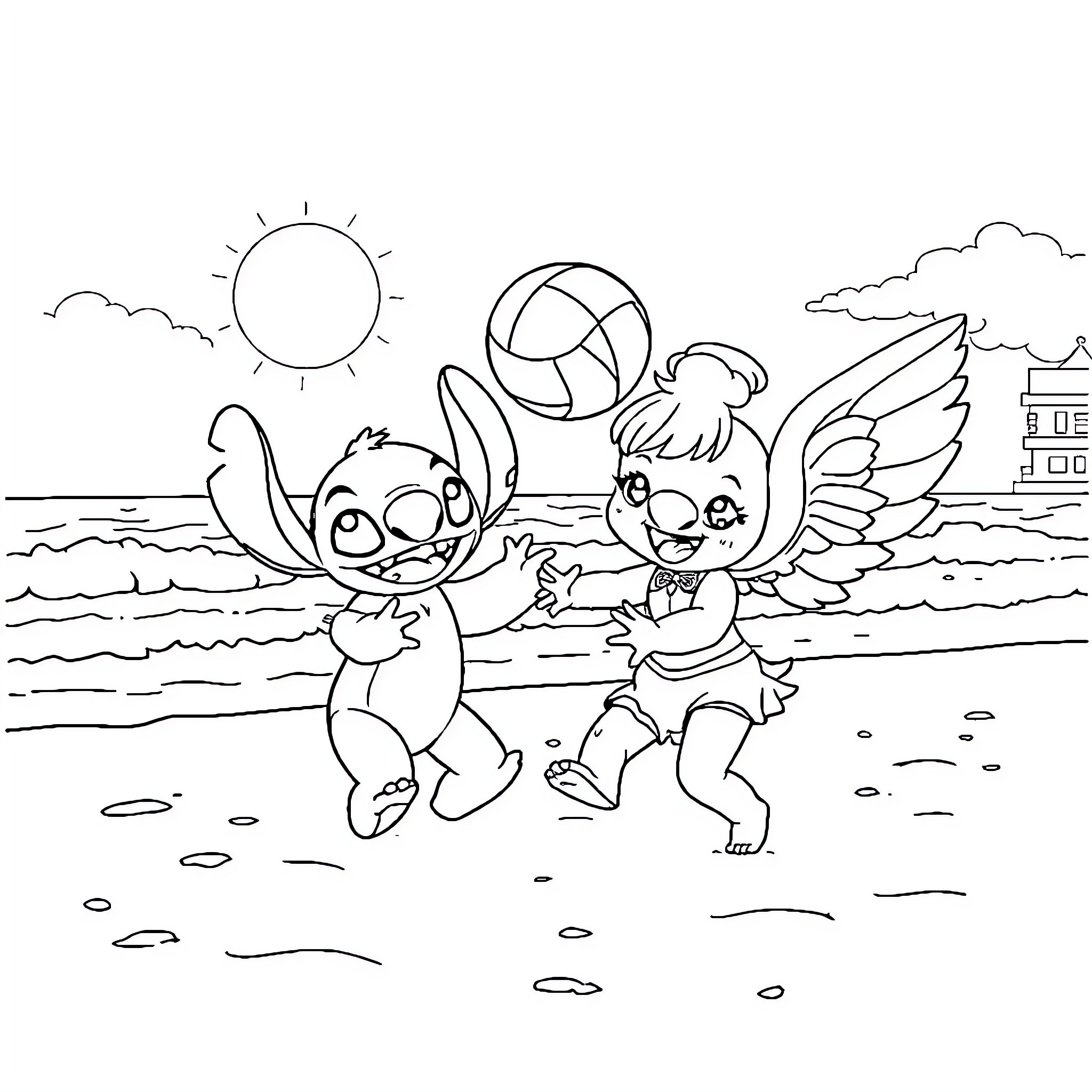 Stitch and Angel playing with a beach ball in the sun Coloring Page (free black-and-white line drawing printable PDF for all, from beginners to advanced learners, including children, teens, adults, and seniors)