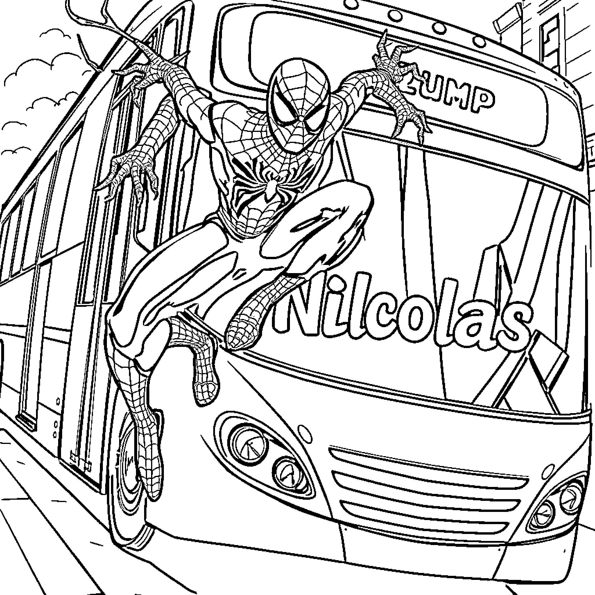 Spider-Man swinging through the city on a bus Coloring Page (free black-and-white line drawing printable PDF for all, from beginners to advanced learners, including children, teens, adults, and seniors)