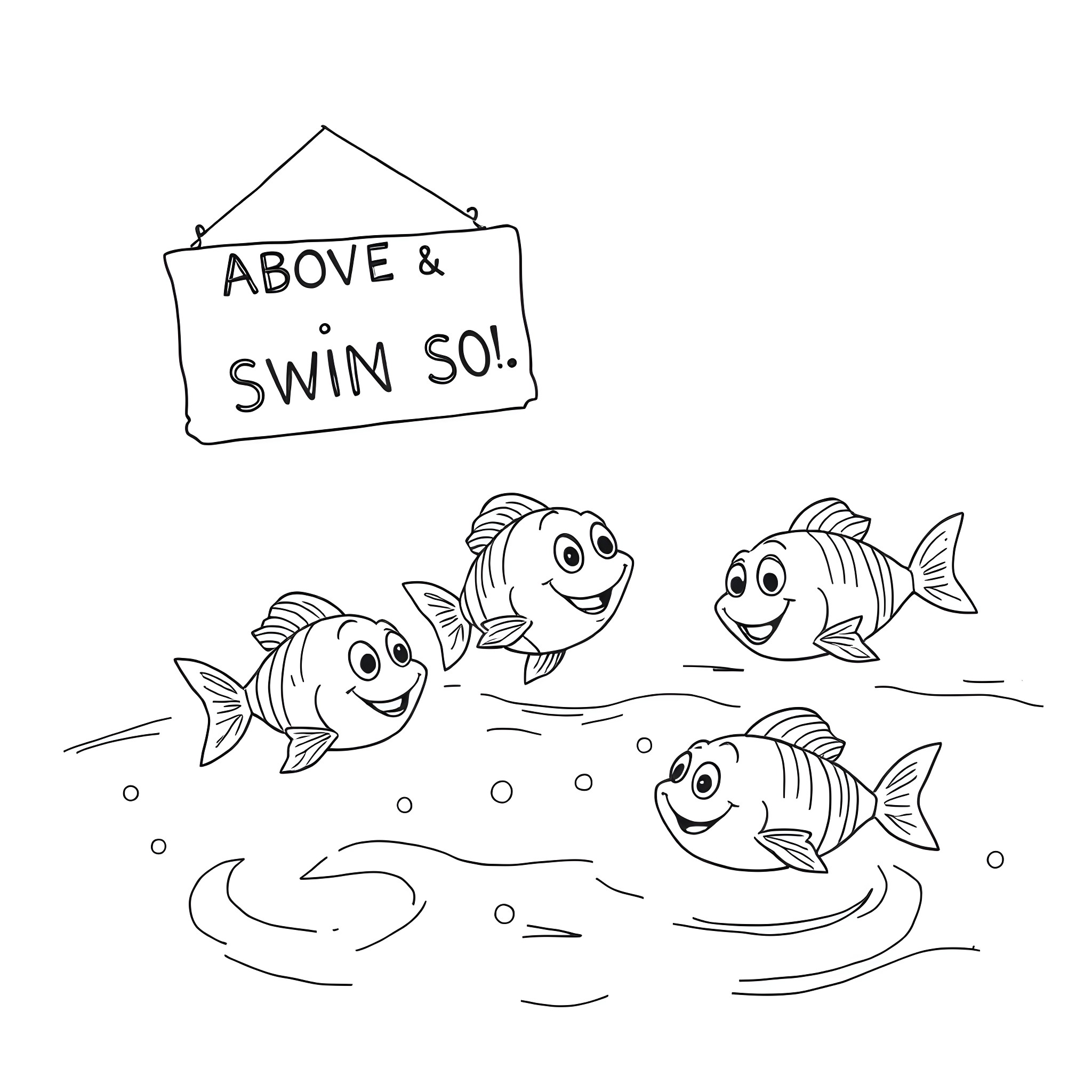 Fish swimming joyfully under a sign Coloring Page (free black-and-white line drawing printable PDF for all, from beginners to advanced learners, including children, teens, adults, and seniors)
